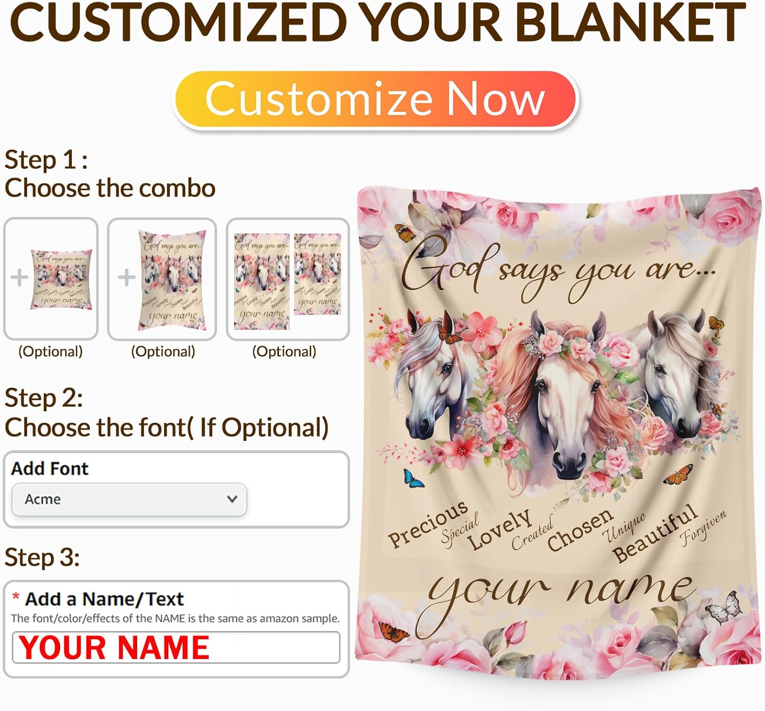 Girls Women Horse Blanket, Personalized Christian Throw Blankets with Floral for Mom Daughter, 60x80 Inches Cozy Warm Custom God Says You are Throw for Sofa Couch Bedding Home Decor