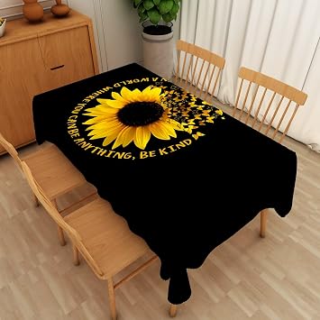 Sunflower with Buttefly Tablecloth Yellow Flower Printed Black Background Table Cloth Waterproof and Anti-Wrinkle Flower Table Cover for Dinning Kitchen Party Banquet, Rectangle 54 x 72 Inch