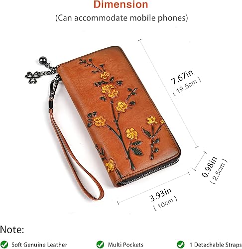 Miniatura 7 de Cartera de cuero con cremallera para mujer, estilo vintage, monedero de flores para mujer, Marrón, Estilo retro
