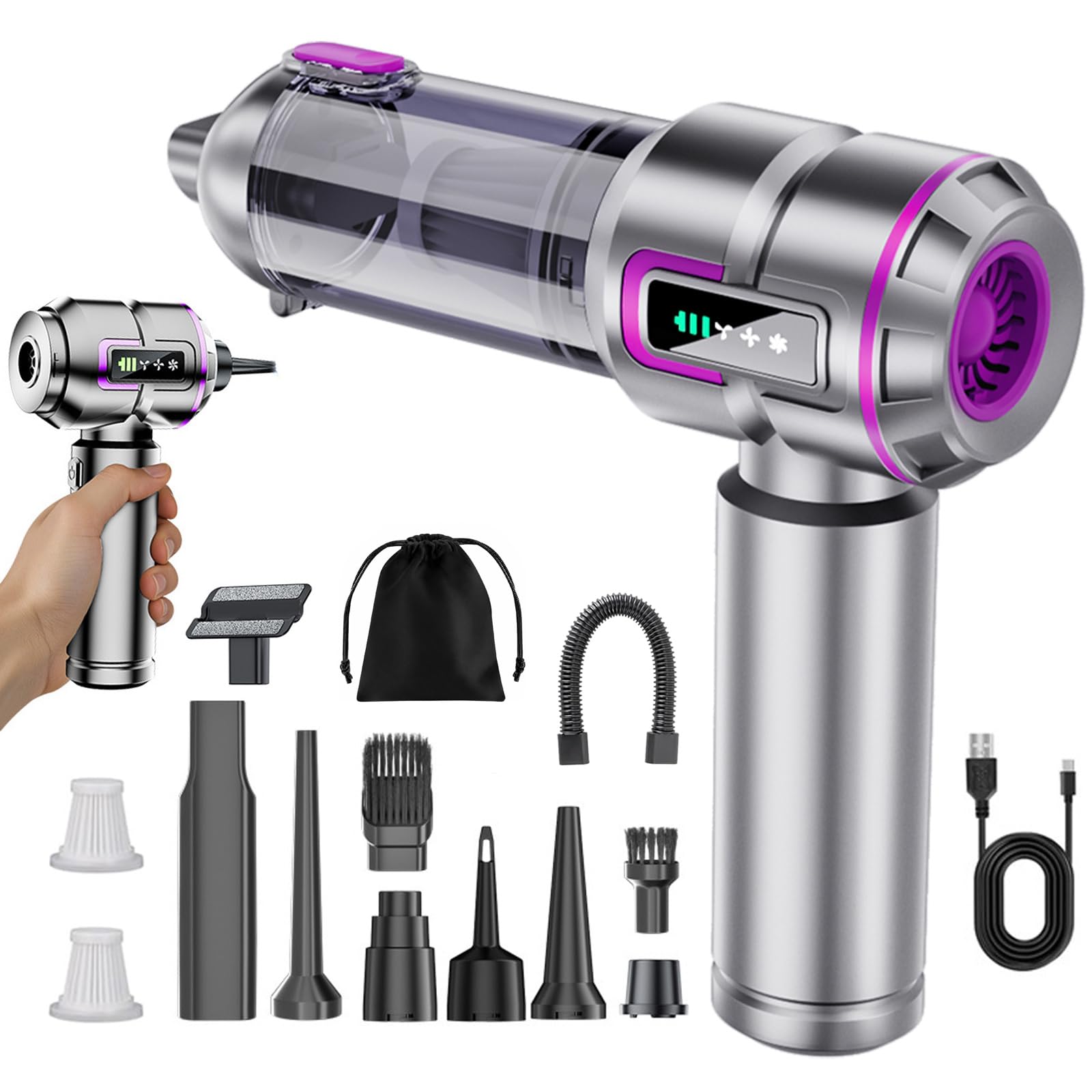 Car Vacuum Cleaner Cordless, 23000PA Cordless Handheld Car Vacuum Rechargeable, Brushless Motor with Digital Display, Mini Small Vacuums Cleaner for Office Desk Home Kitchen Car Pet Hair, Travel - Silver