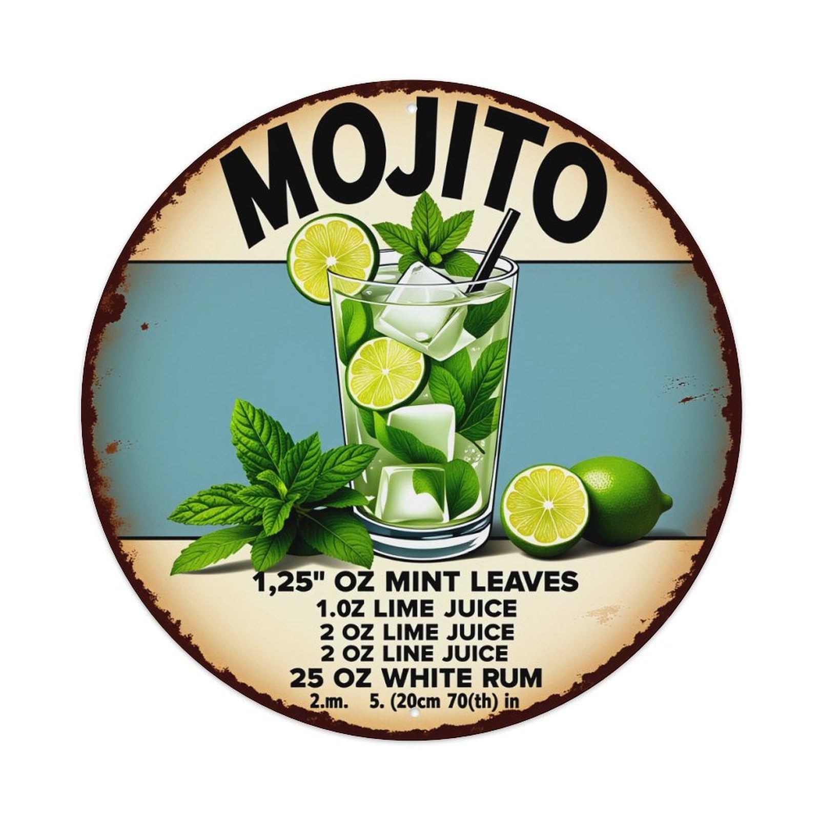 Wmlzdnwr Vintage Mojito Cocktail With Mint Lime And Ice Round Tin Sign,Retro Wall Art,Metal Poster For Home, Bar, Garage, Cafe, Rustic Indoor & Outdoor Decor, 8X8 Inches