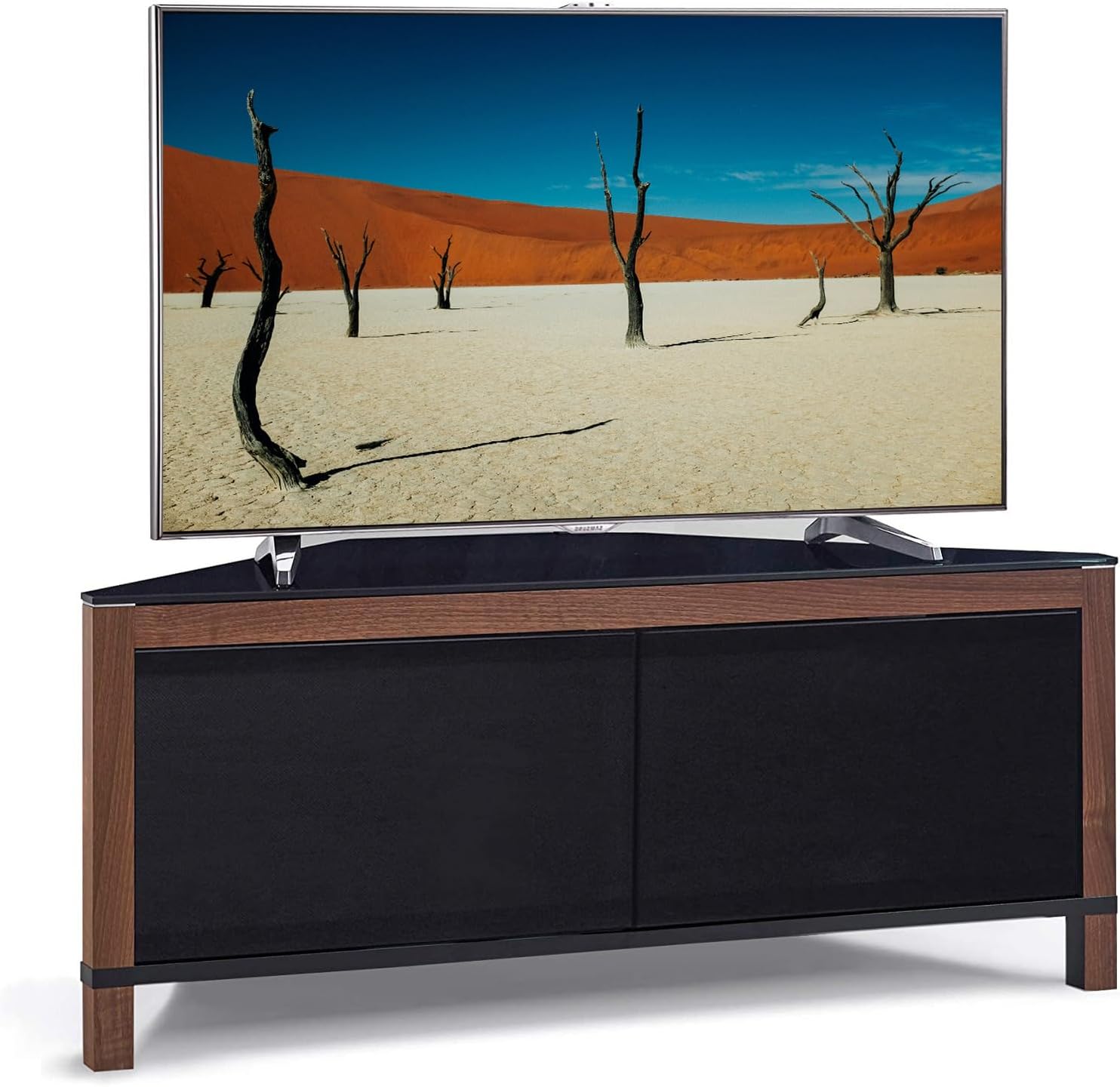 Volans Tru-Corner Remote Friendly Beam Thru Glass Walnut/Black Reversible Panel 2-Door LCD/Plasma/LED TV Corner Cabinet