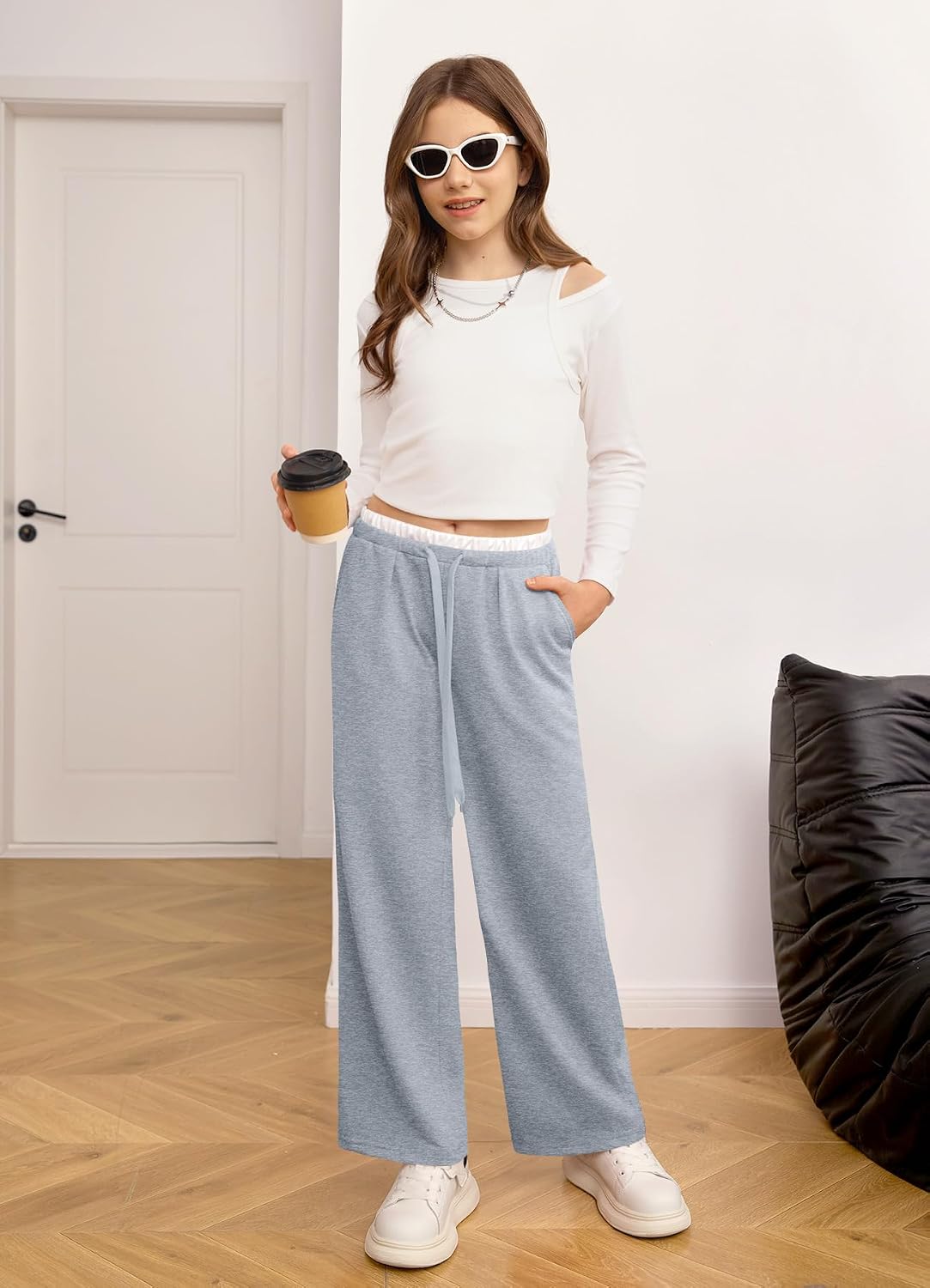 Girls Double Waist Baggy Sweatpants, Comfy Athletic Pants with Pockets for School Sports Outdoor Loungewear, Ages 5-14