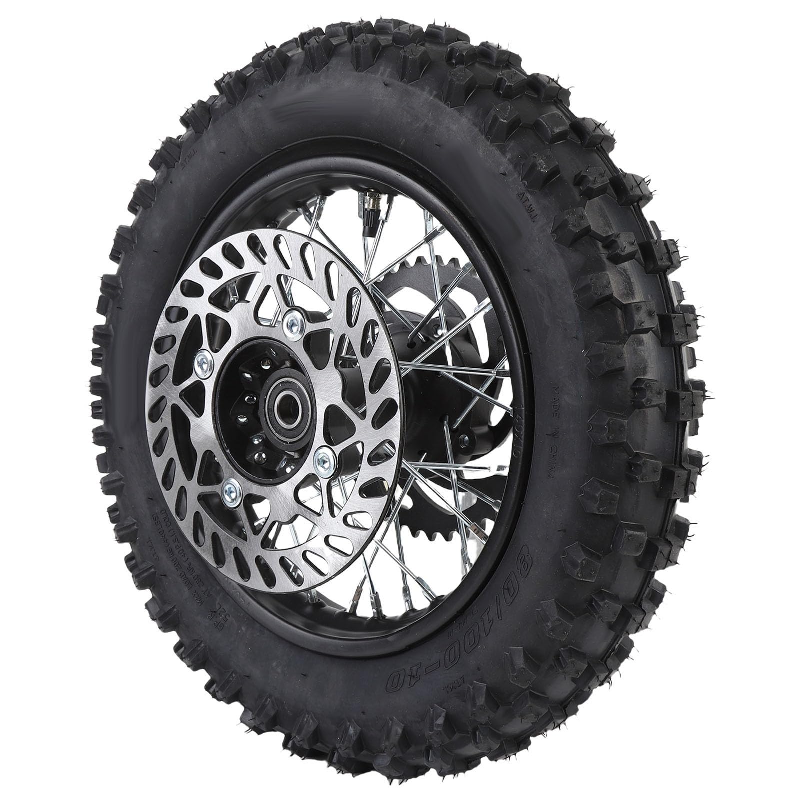 Keenso Conjunto de Neumático de Llanta de Rueda Trasera de 10 Pulgadas, 80 100 10 3.00 10 Diseñado con Precisión para Motos de Cross, con Eje de 12 Mm, Rotor de Freno de 190 Mm, Piñón
