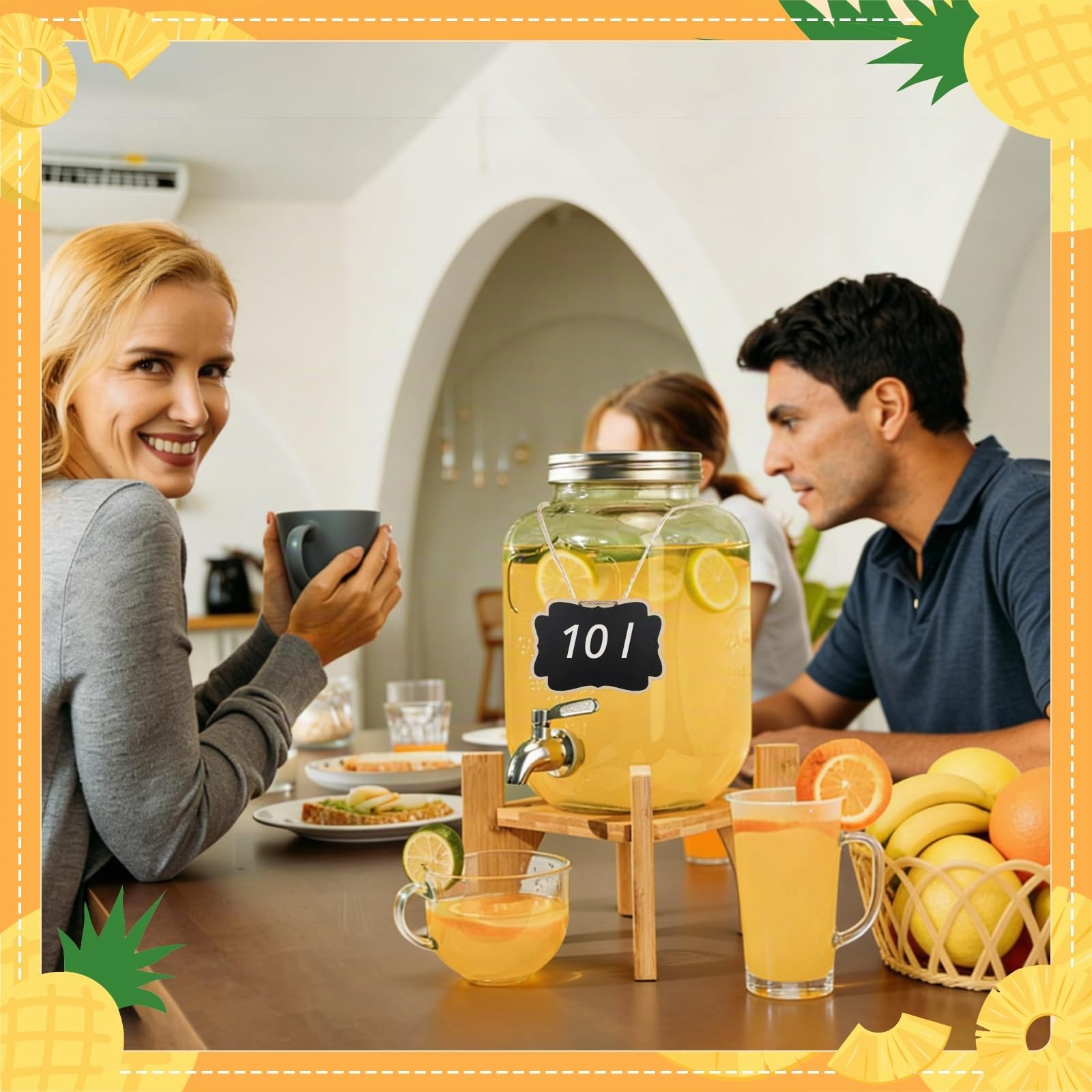 10L Getränkespender mit Zapfhahn, Ständer und Deckel, Limonadenspender aus Hitzebeständigen Borasilikatglas, Wasserspender Glas mit Wasserhahn aus Edelstahl für Garten, Buffet, Party, Hochzeiten