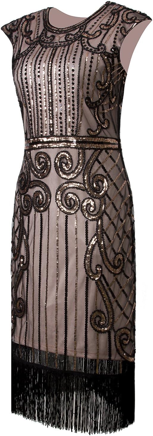 Vijiv 1920s Vintage Inspired Sequin Embellished Fringe Long Gatsby Flapper Dress - Image 3