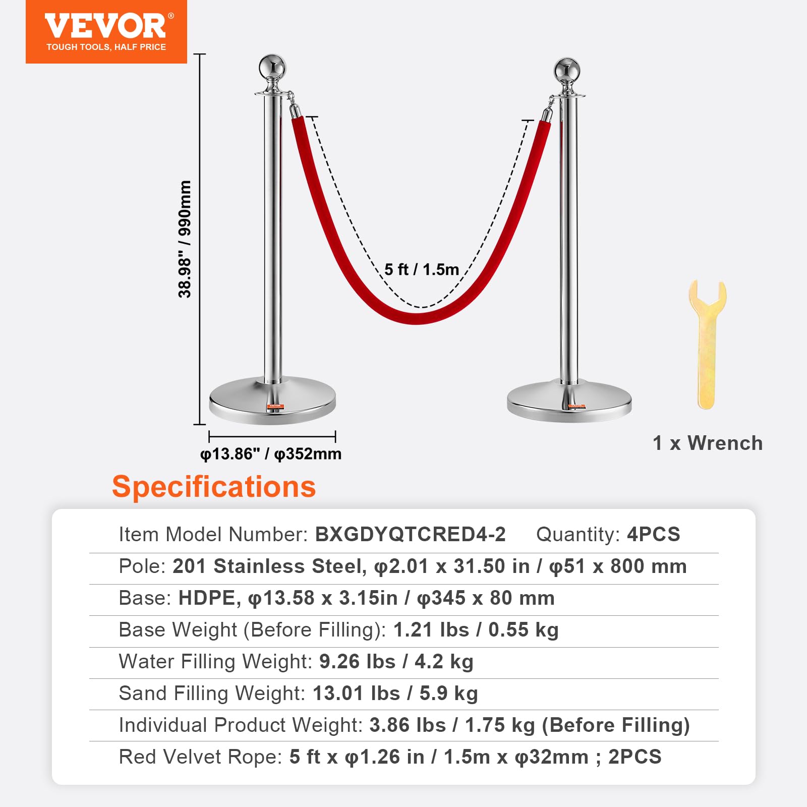 VEVOR Barrière de Balisage 4PCs 99 cm avec Cordes Velours 1,5 m pour Contrôle de Foules Argenté