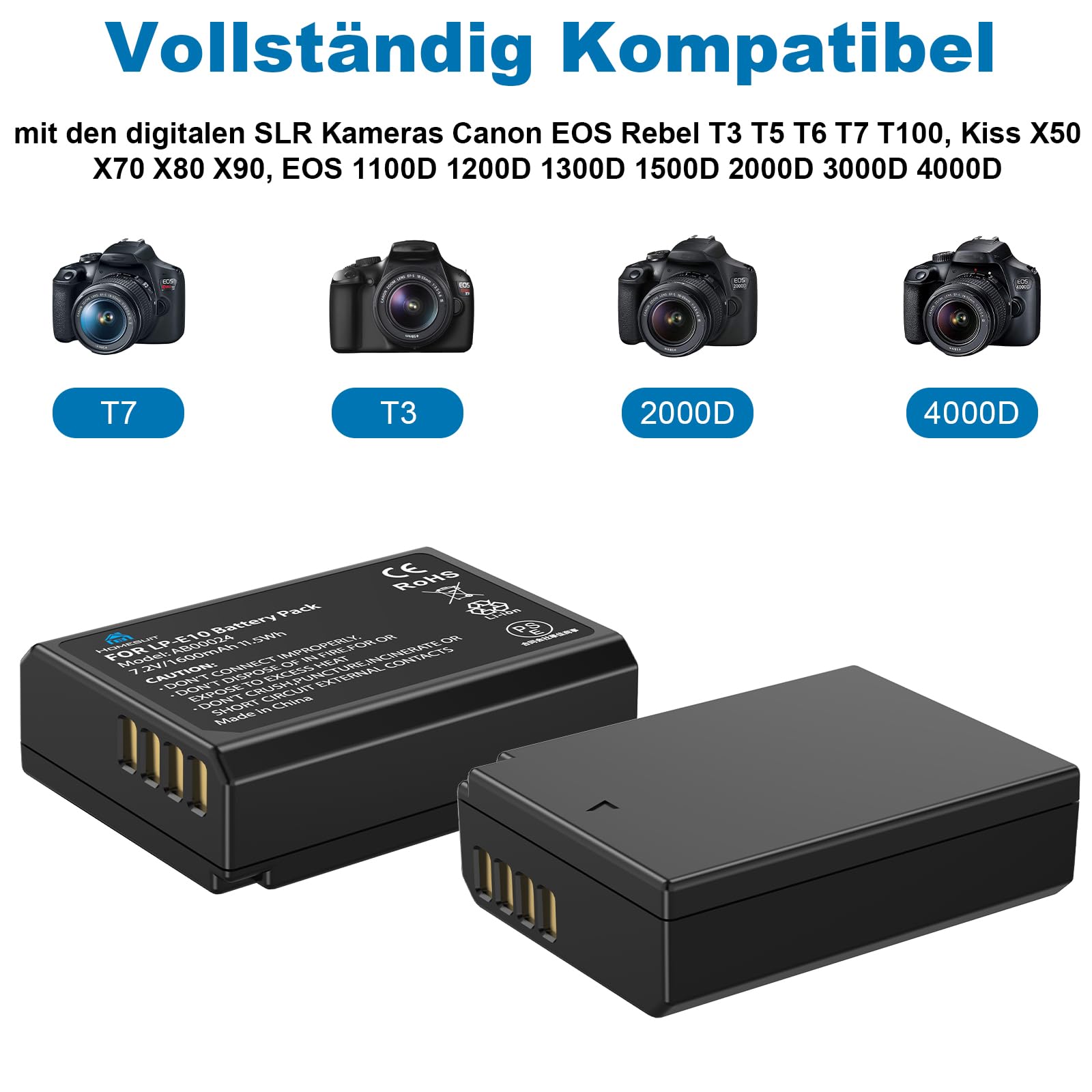 Homesuit LP-E10 Akku 1600mAh & Dual LED Ladegerät Kit für Canon EOS 1100D, EOS 1200D, EOS 1300D, EOS 2000D, EOS Rebel T3, T5, T6, T7, Kiss X50, Kiss X70 Kamera (2er-Pack)