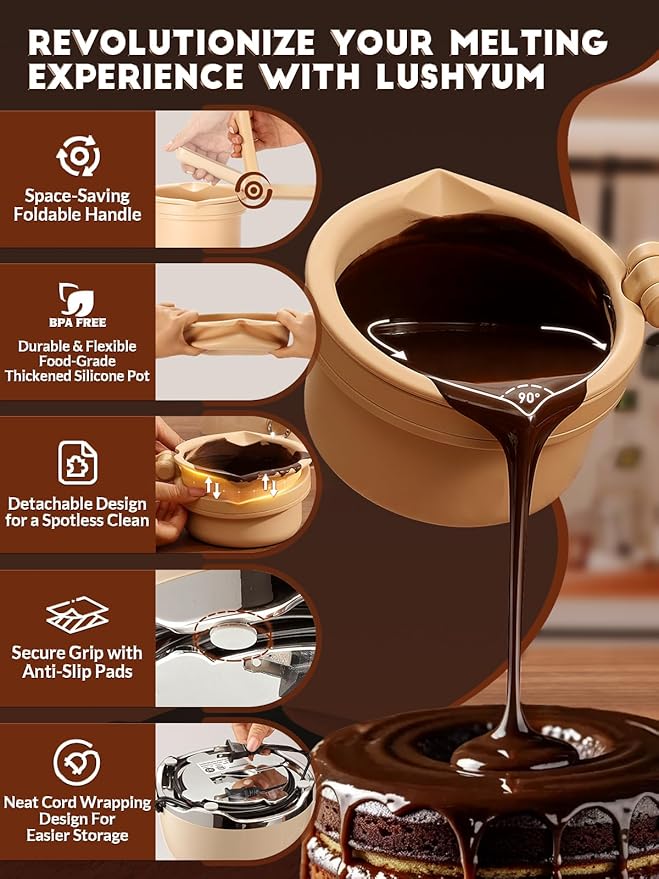 LUSHYUM Fundidor de Chocolate con 2 Ollas y Espátula, 4 Tazas miniatura 5