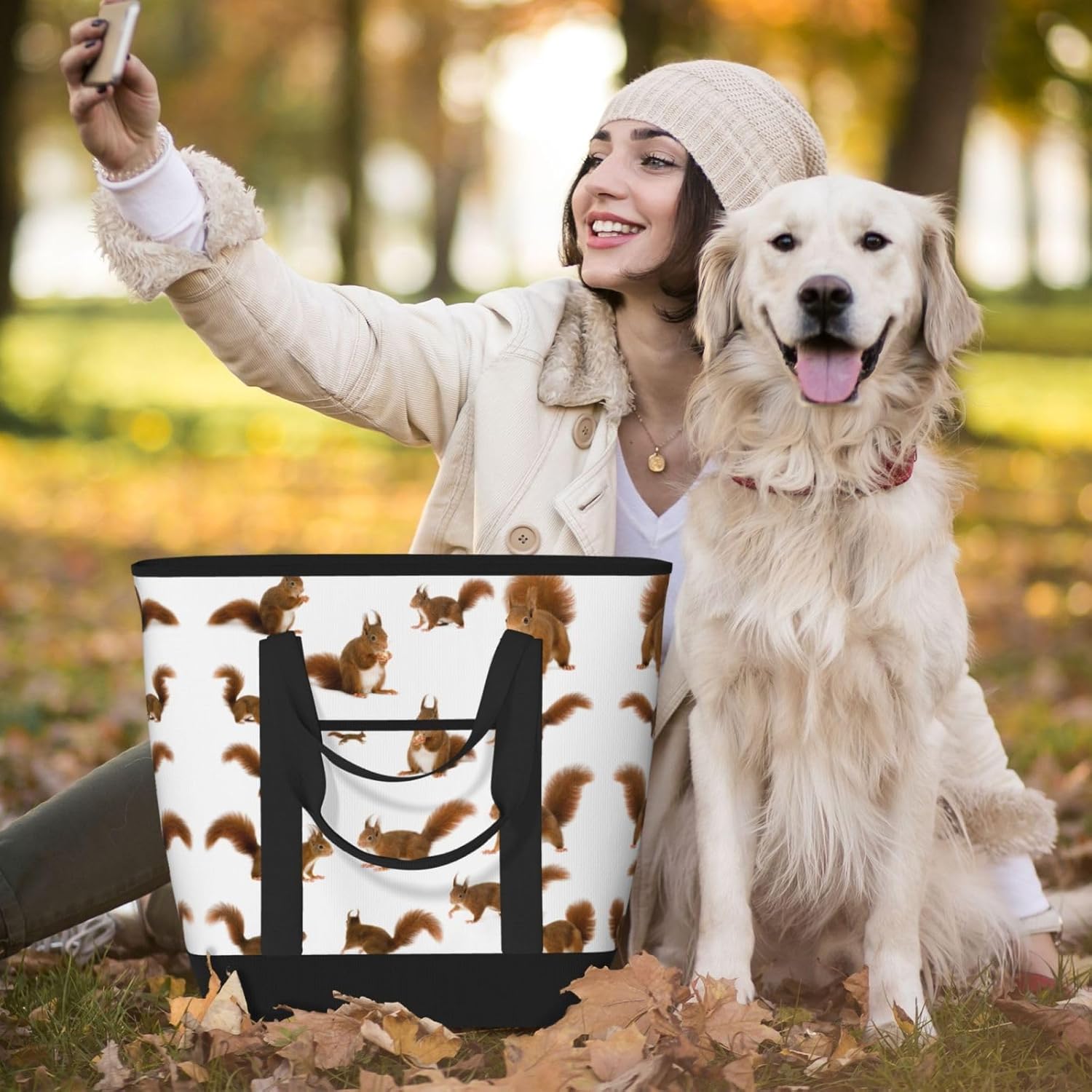 Cute Squirrel Print Large Cooler Bag Tote Bag,Reusable Grocery Bag,Lunch Box Bag, For Picnic Beach Camping