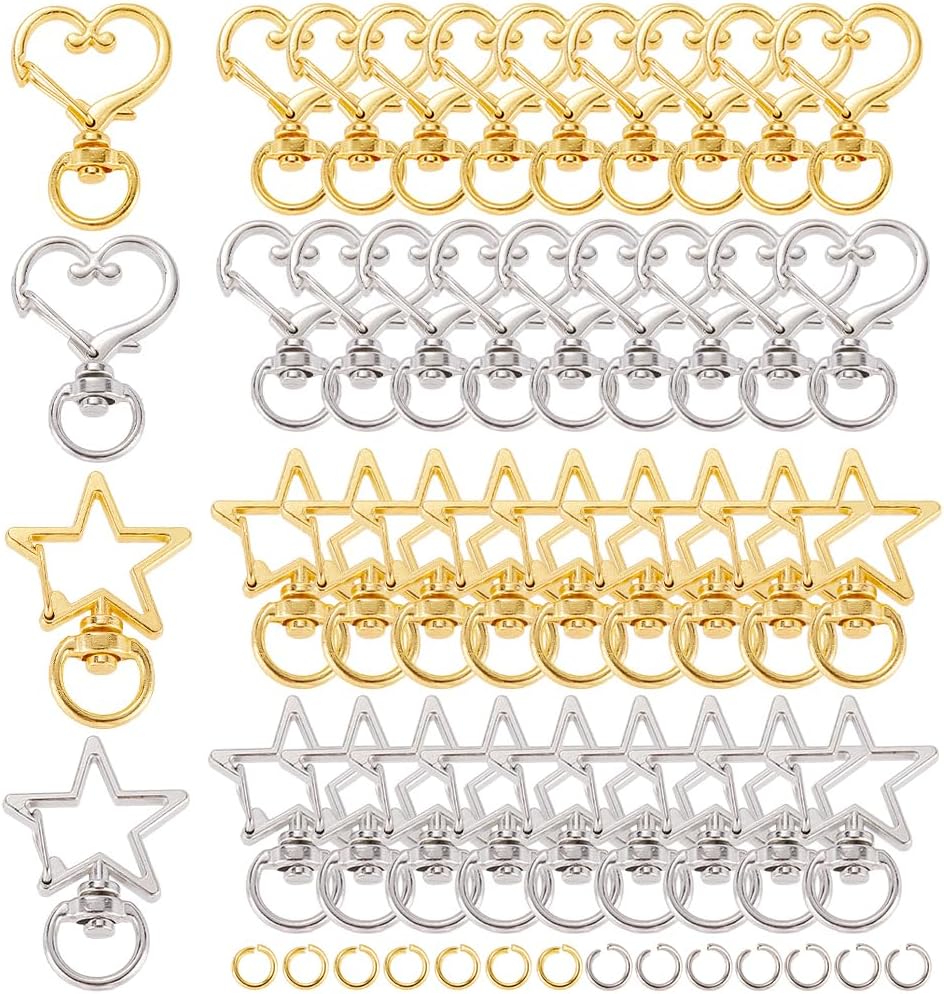 1 Box 40Pcs Heart Swivel Keychain Clasp Star Keychain Clip Bulk Metal Lobster Claw Alloy Gold Spring Snap Hook Hanging Buckle Key Ring Findings for Handmade Keychains Lanyards Bags DIY Crafts