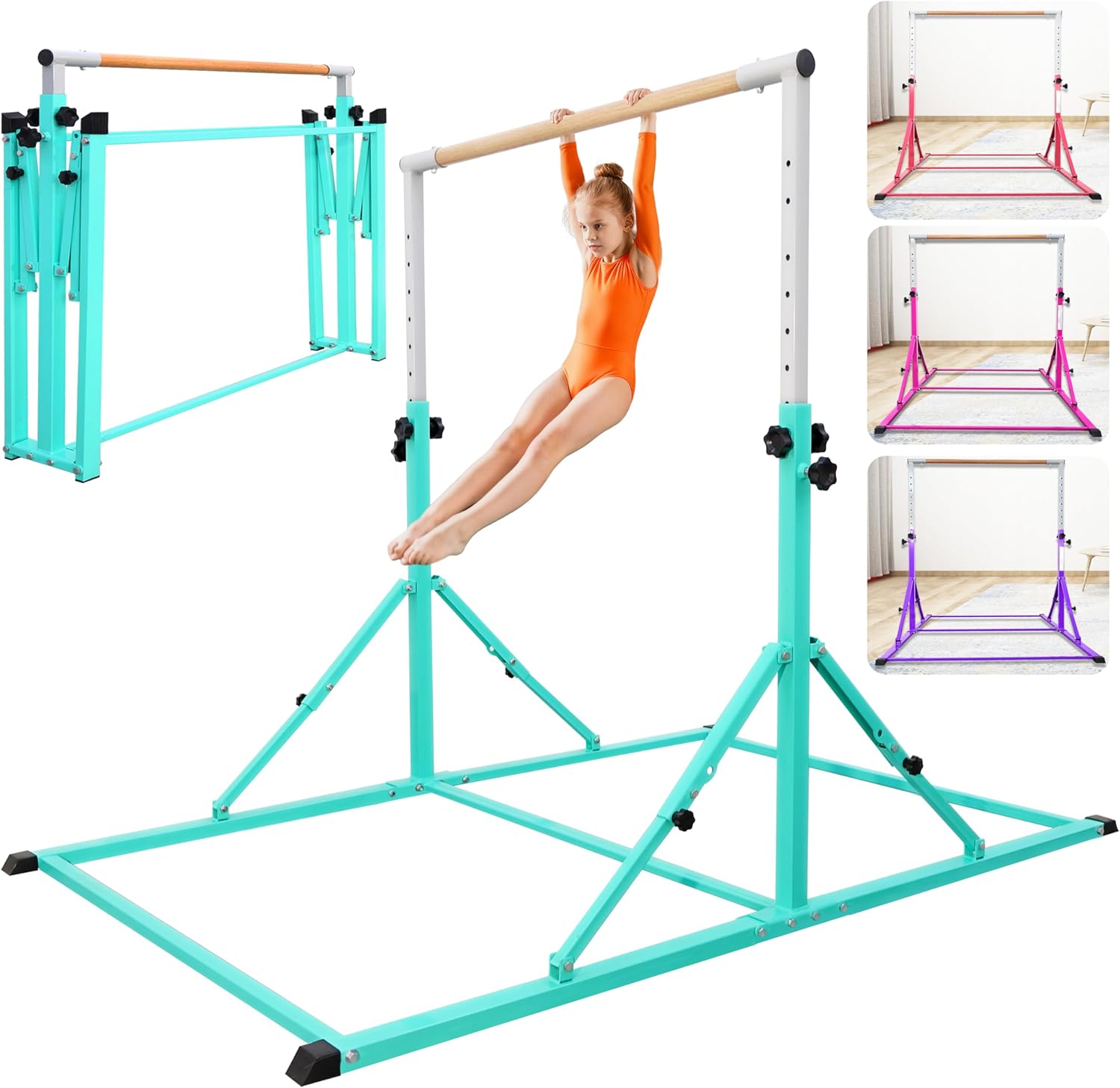 PreGymnastic Foldable Gymnastics Bar, 5.6FT Folding Horizontal Bars for Kids Ages 3-12, Weight Limit 350 LBS, Adjustable kip Bar, Children Home Gym Equipment Indoor 5.6 FT Base Foldable Bar Teal