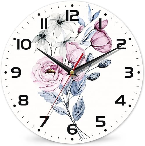Miniatura 14 de Reloj de pared con flores de primavera de acuarela, vintage de madera, silencioso, sin tictac, que funciona con pilas con números arábigos, Acuarela