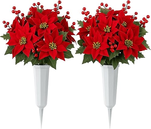 Thiccywoov 2 Sets Christmas Poinsettias Artificial Cemetery Flowers with Vase for Grave Christmas Velvet Red Poinsettias Berry Bouquet Graveyard Memorial Flowers for Xmas Headstones Cemetery Decor