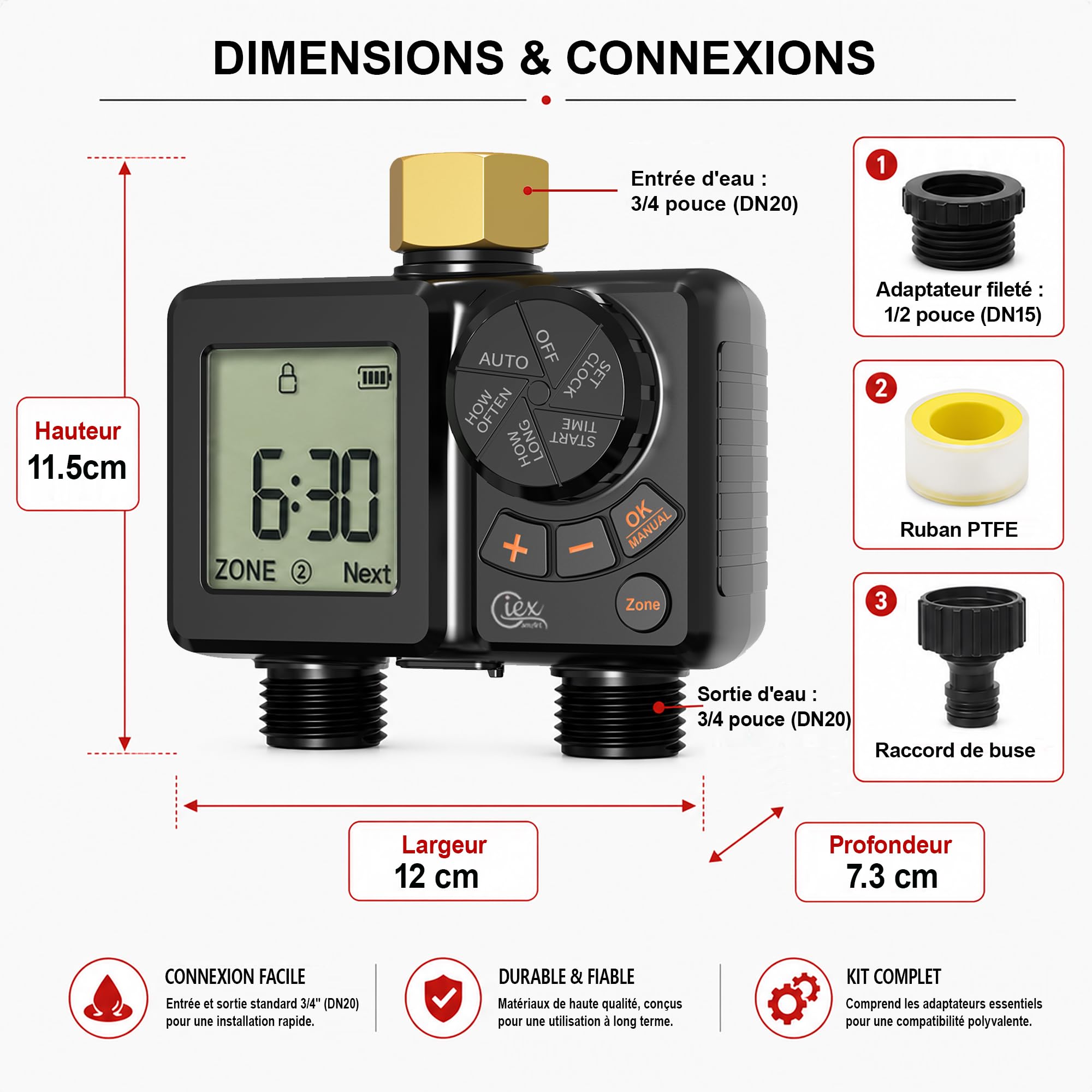 GIEX Ordinateur d'arrosage 2 voies, minuterie d'arrosage rechargeable 2 zones avec connecteur en laiton, minuterie d'eau programmable avec IP66, retard de pluie et irrigation manuelle pour jardin