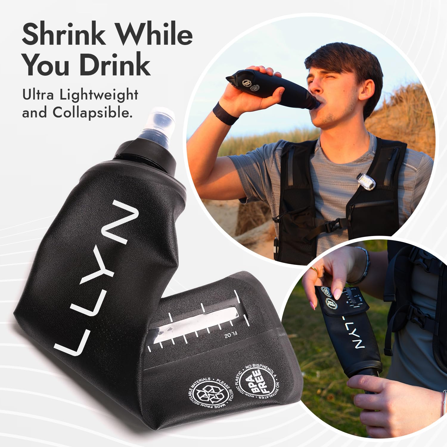 2 x 500 ml Laufwasserflasche, weiche Flasche, faltbare Wasserflasche für Laufweste, ultraleicht, nur 29 g, Schnellgriffschale, Volumenfenster, 100 % auslaufsichere Hydratation für Wandern, Radfahren