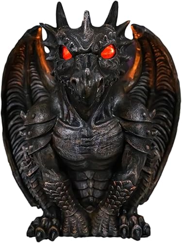 Ebros Gift Gárgola de dragón draco con alas góticas medievales con cuerpo blindado y ojos brillantes translúcidos, estatua votiva de piedra