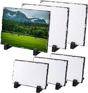 JAPCHET 6 Pack Sublimation Slate Blanks, 2 Size Heat Transfer Rectangular Sublimation Photo Slate with Display Holder, Personalized Rock Slate Photo Plaque for Desktop Souvenir DIY Personalized Gift