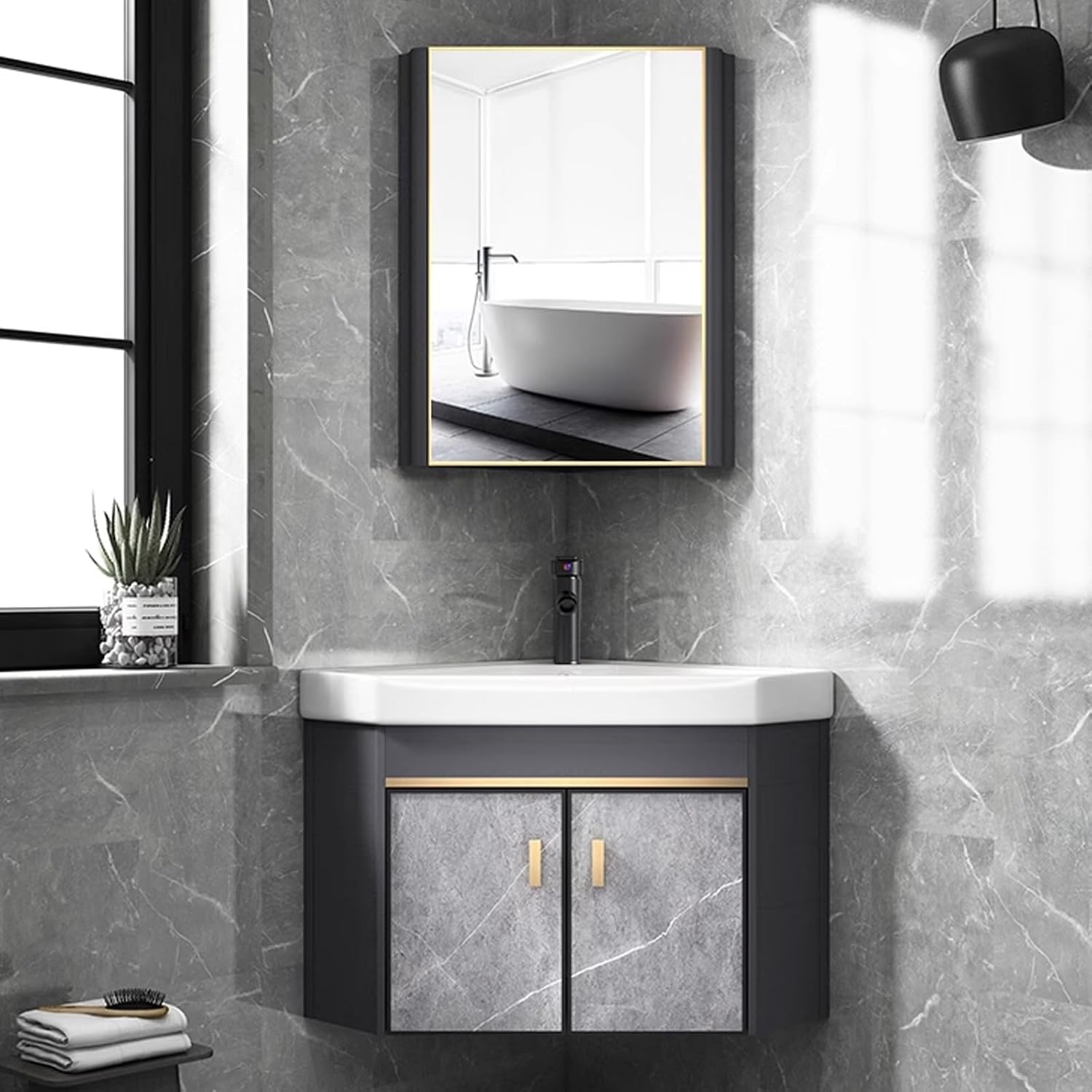 SGKOMN Corner Bathroom Vanity with Ceramic Sink & Mirror Cabinet, Corner Small Bathroom Vanity, Wall Mounted Bathroom Sink Cabinet, Bathroom Vanity Combo, for Bathroom, Laundr, 48cm