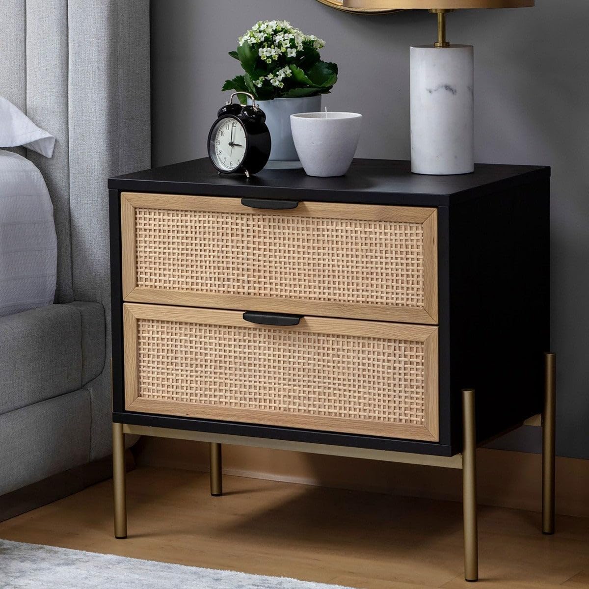 The Unique Design Modern Rattan Bed Side Table 2 Drawers – Black Wooden Frame with Natural Cane Fronts, Brass Metal Legs – Stylish Bedside Nightstand or Side Table for Bedroom & Living Room