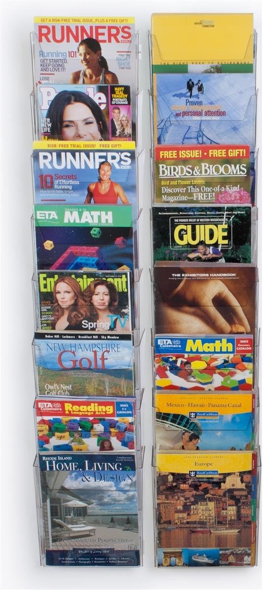 16-Pocket Magazine Rack for Wall Mount, Tiered Literature Holder Keeps Catalogs Organized While on Display, Mounting Hardware Included - Clear PETG Plastic
