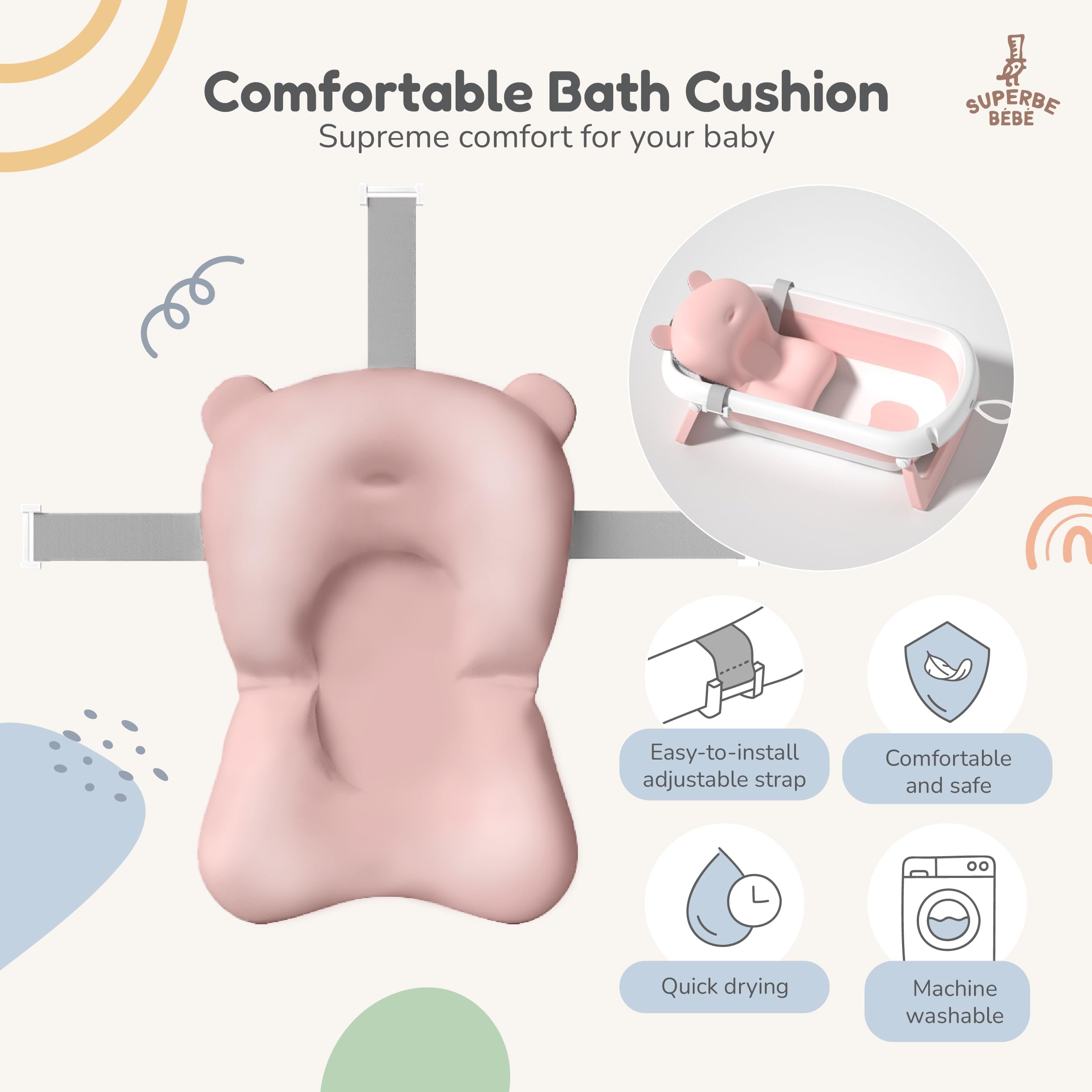 SUPERBE BEBE Foldable Baby Bath with Non-Slip Bath Cushion/Bath with Thermometer for Water Temperature Control/from Birth to 3 Years