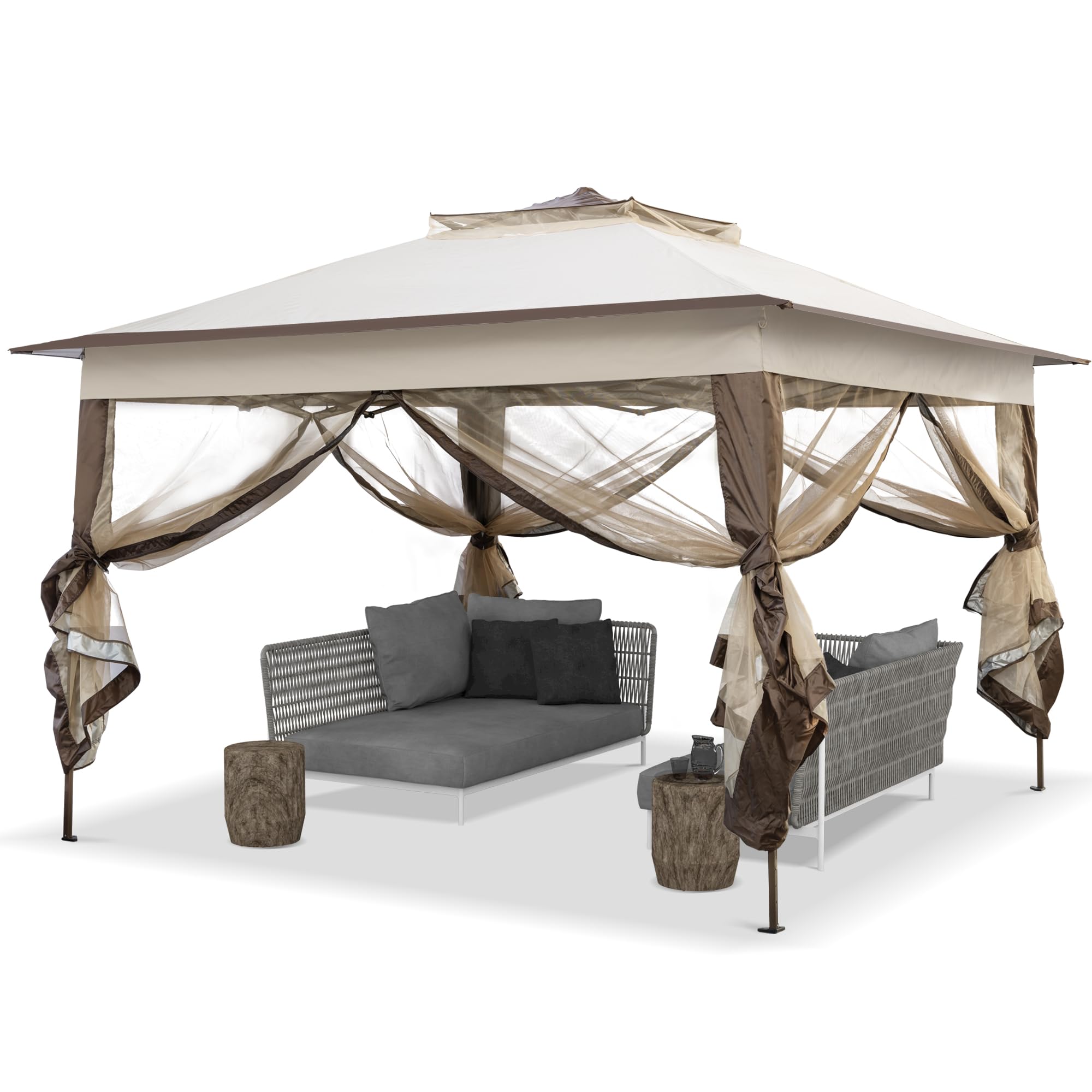 11x11FT Pop Up Instant Gazebo Tent, Outdoor Gazebo Canopy, Pop Up Canopy Tent for Outside with Mosquito Netting for Housewarming Gifts Backyard Patio Garden Lawns, Beige
