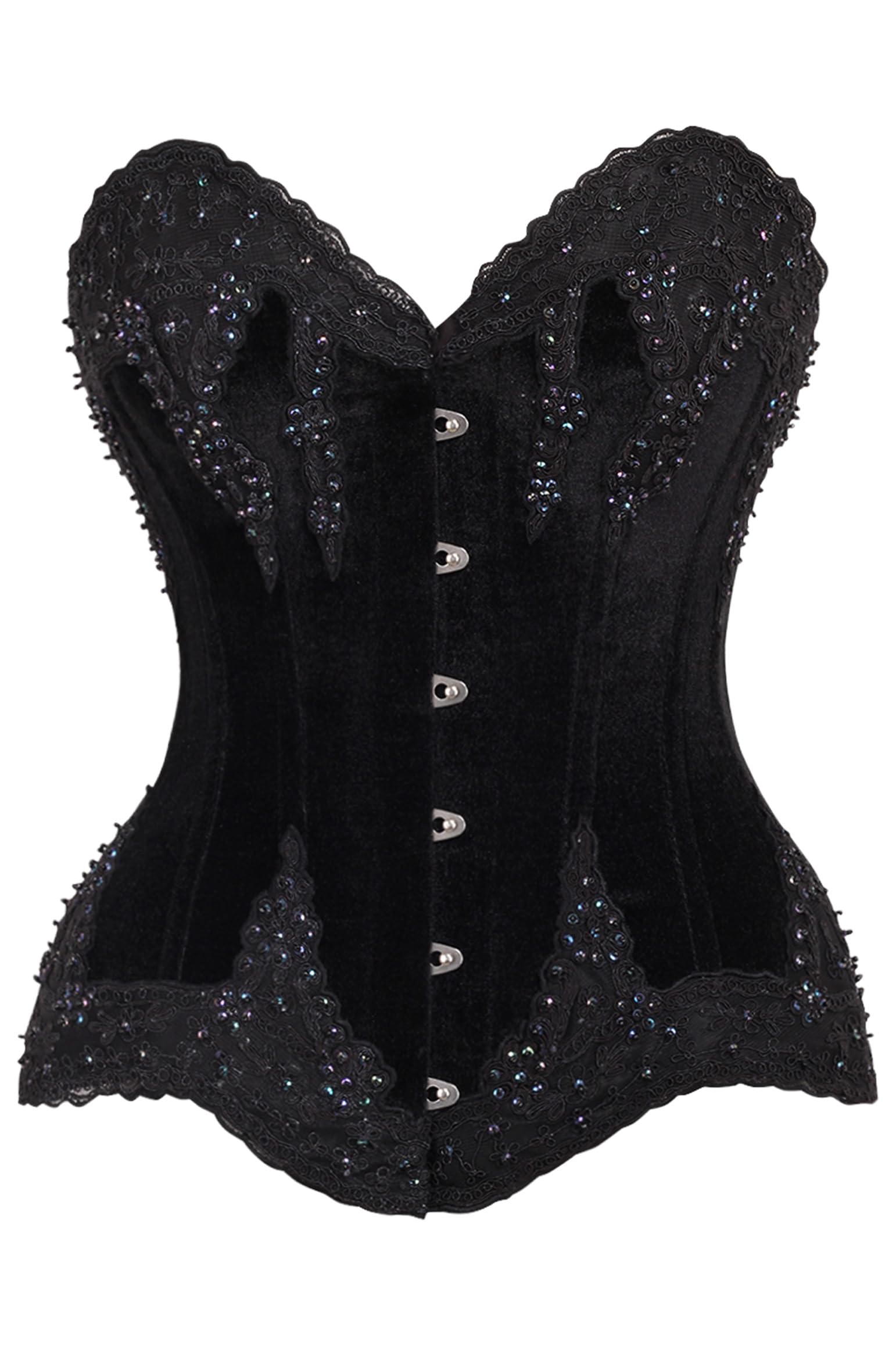 Ladies Black Velvet and Steel Beaded Overbust Corset with Black Drawer-image-6