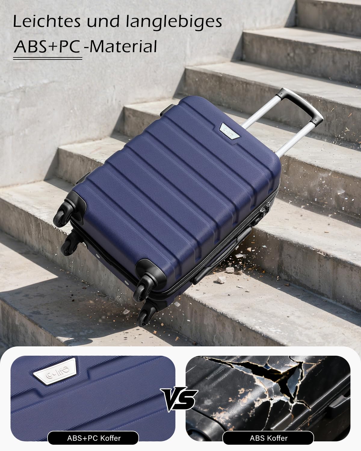 COOLIFE Set de 3 Valises pour Voyages en Famille et à l'International, ABS+PC, Rigide, Valises avec Roues Pivotantes à 360°, Fermetures Éclair YKK, Serrures à Combinaison TSA,Dunkelblau