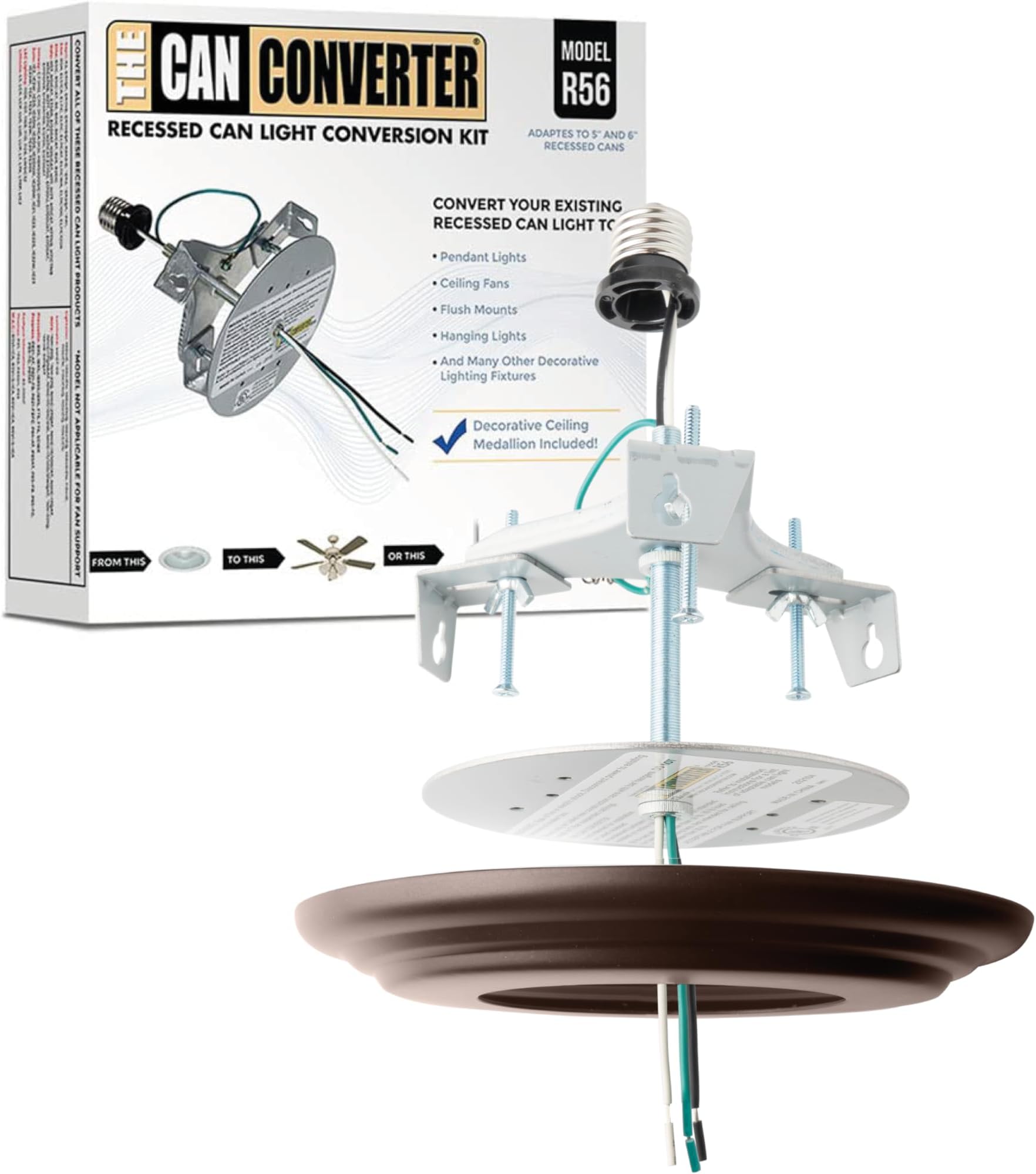 R56 Recessed Can Light Conversion Kit w/ 7"¾ Beveled Ceiling Medallion - Home Improvement for 5" & 6" Cans, Ceiling Fan & Light Fixture Converter Kit, UL Certified, Oil Rubbed Bronze