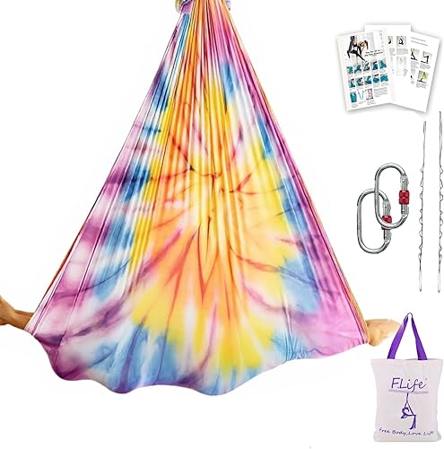 F.Life Hamaca de yoga aérea de 6.5 yardas de tela de seda para inversión antigravedad, incluye cadena de margarita, mosquetón y guía de postura