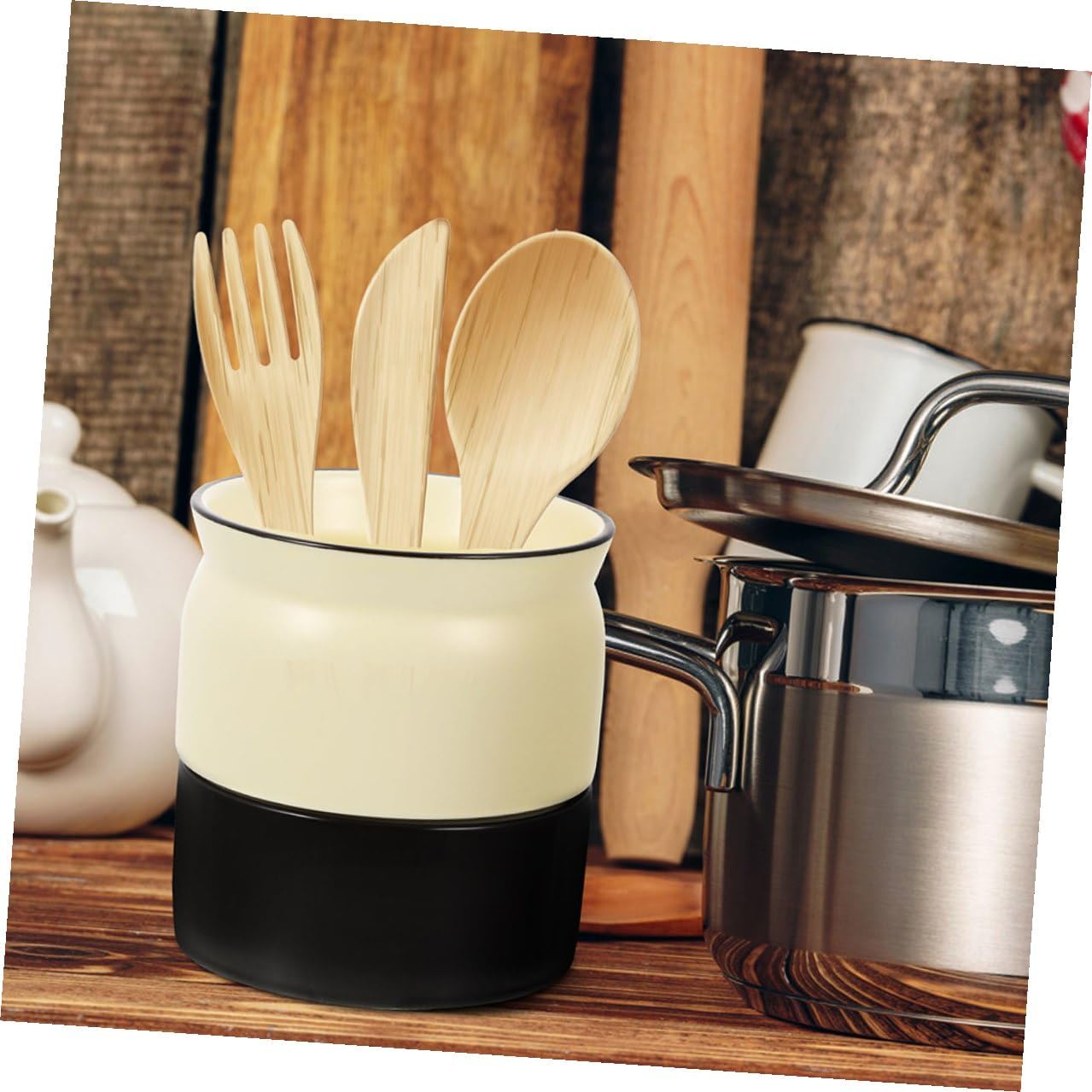 BESPORTBLE 2pcs Ceramic Cutlery Bucket and Flatware Holder Set with Drainage for Kitchen Utensil Storage, Chopstick Organizer in White and Black for Home and Restaurant Use