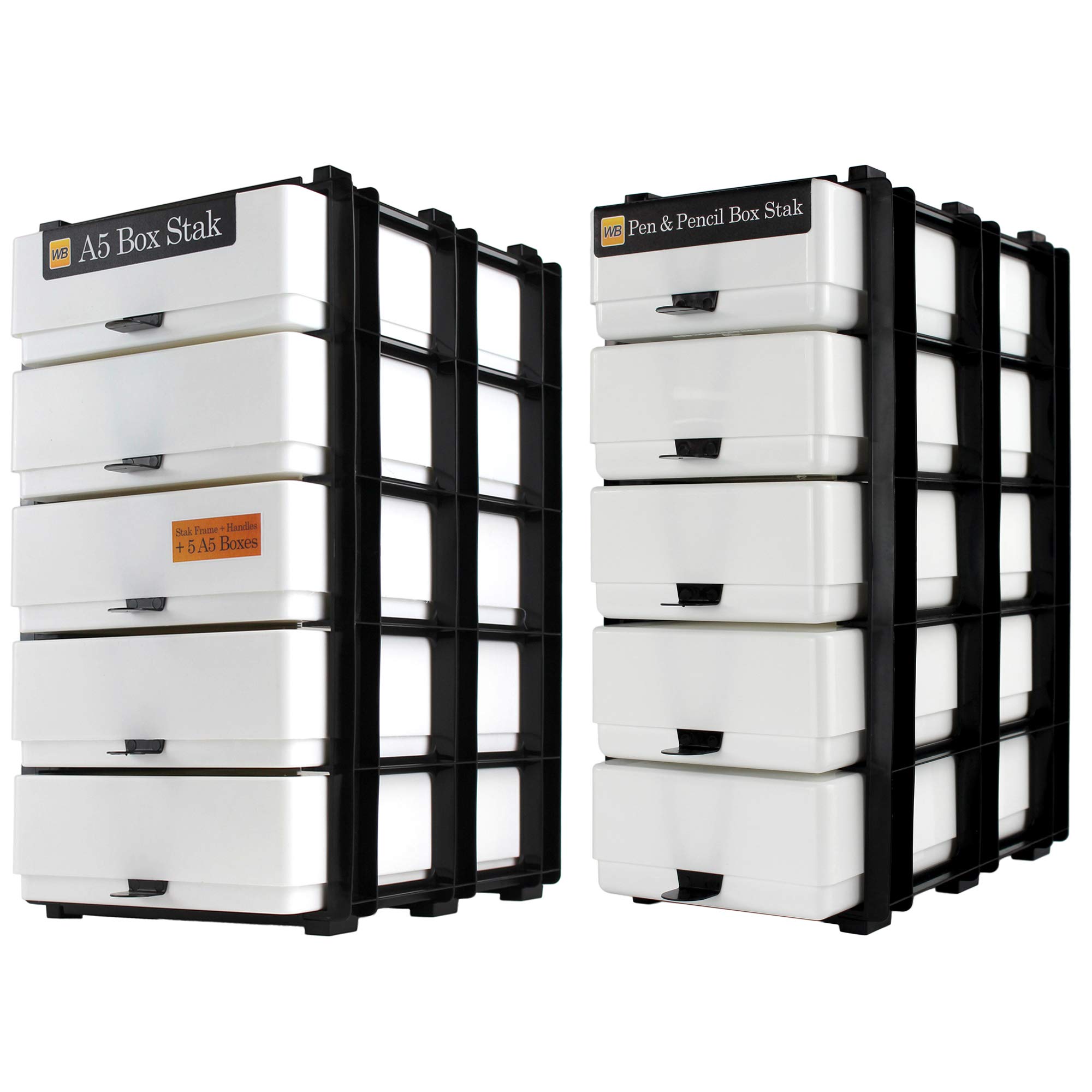 WestonBoxes 2 Stak Storage Pack, Includes A5 Paper Storage Boxes, Pen & Pencil Storage Boxes, Stak Frames and Box Handles, Fits IKEA KALLAX (Neon White)