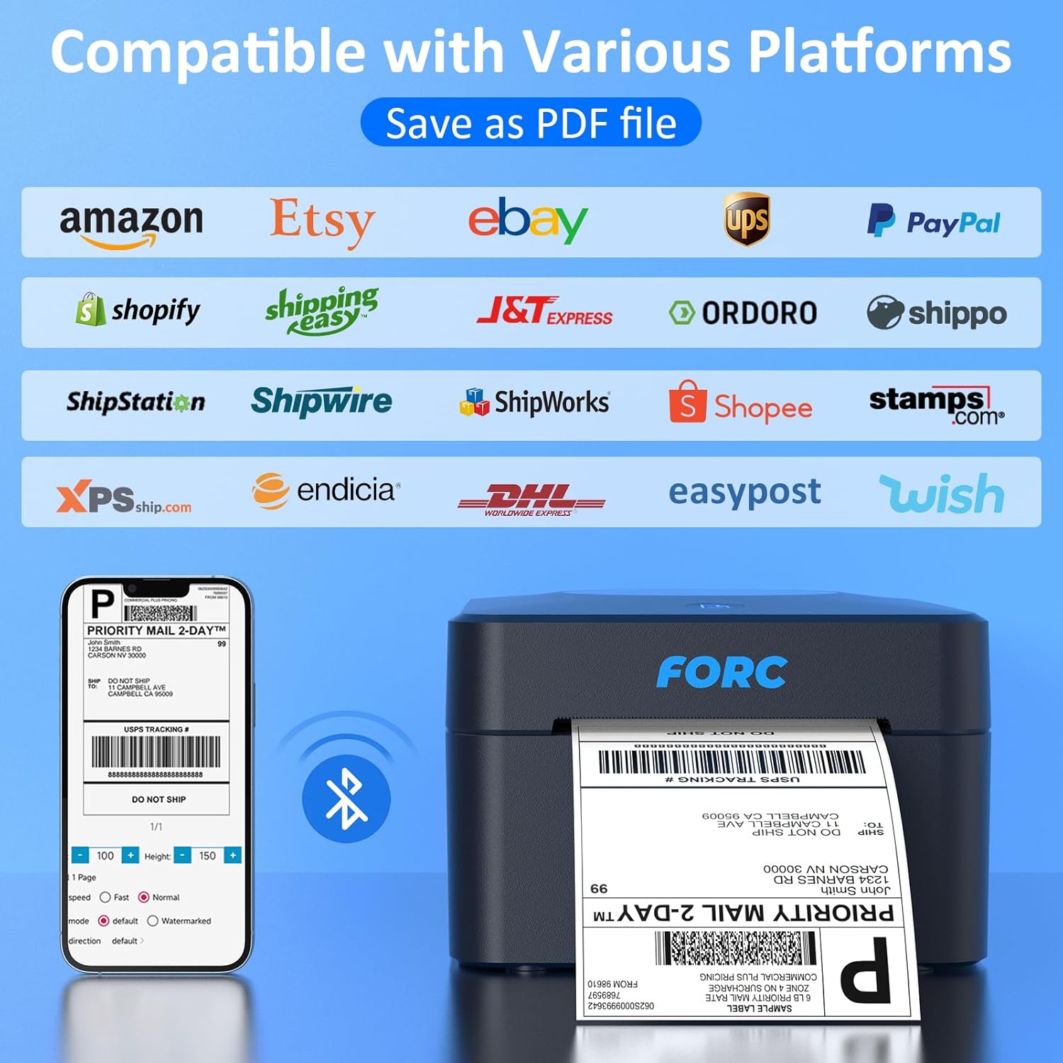 Image displaying the Forc Thermal Label Printer's compatibility with various shipping platforms such as Amazon, Etsy, eBay, UPS, PayPal, Shopify, ShippingEasy, J&T Express, Ordoro, Shippo, ShipStation, Shipwire, ShipWorks, Shopee, Stamps.com, XPS.ship.com, Endicia, DHL, EasyPost, and Wish. It also shows a smartphone screen with a label preview and the printer in action.