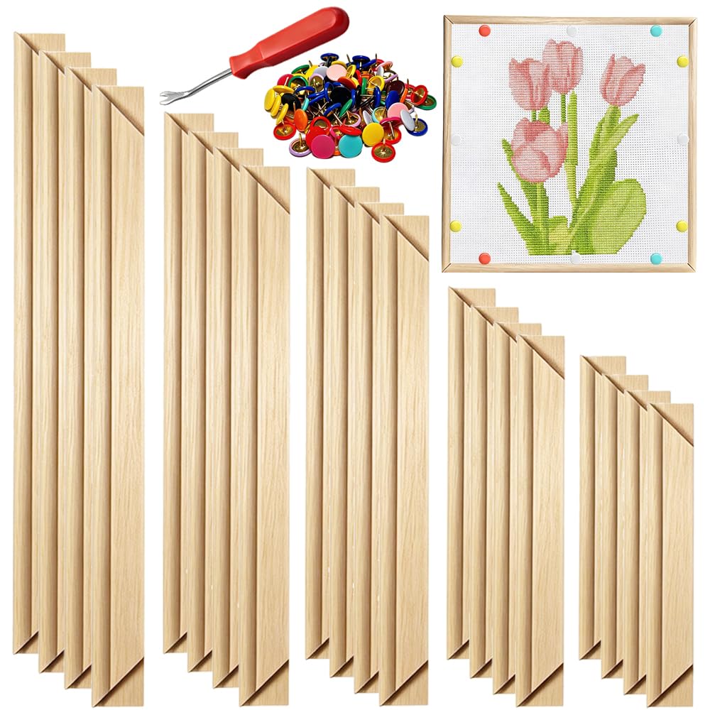 Photo 1 of 10 Sets Stretcher Bars for Needlework, 5 Sizes Wooden Canvas Splicing Stretcher Bars with 100 Thumb Tacks 1 Tacks Remover 1 Canvas Sheets, Needlepoint Embroidery Stitch Frame Set for Crafts Art