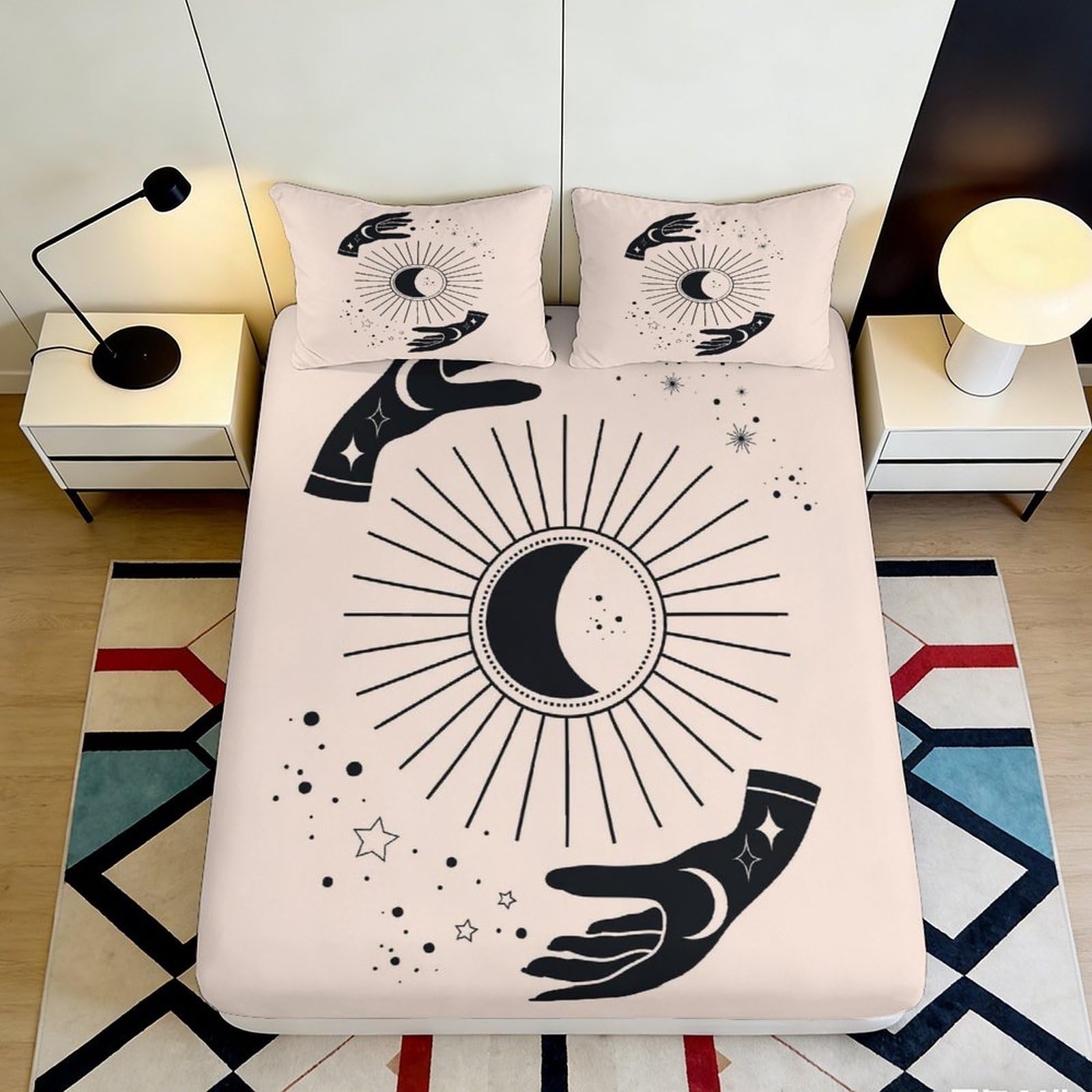 3D Printed Mystic Sun Moon Fitted Sheet Microfiber Deep Pocket Non-Slip Bedroom Bedding Mystic Sun Moon Mattress Fitted Cover Washable 90x200x25cm