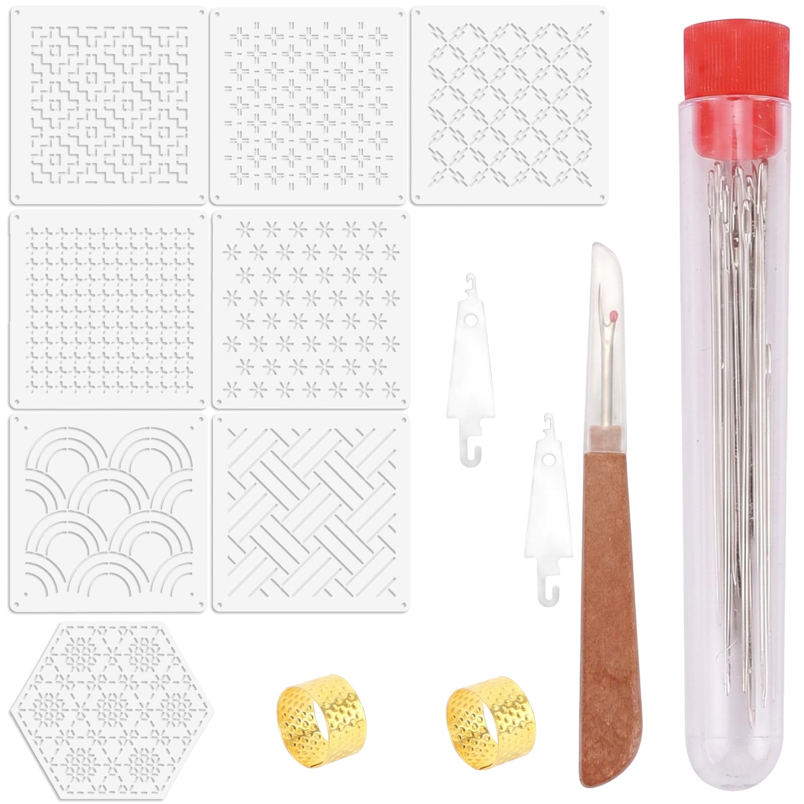 32PCS Sashiko Templates Reusable Embroidery Stencils PET Material 13cm/5.1in Square with Needle Finger Holders for Hand Quilting (8, Style1)