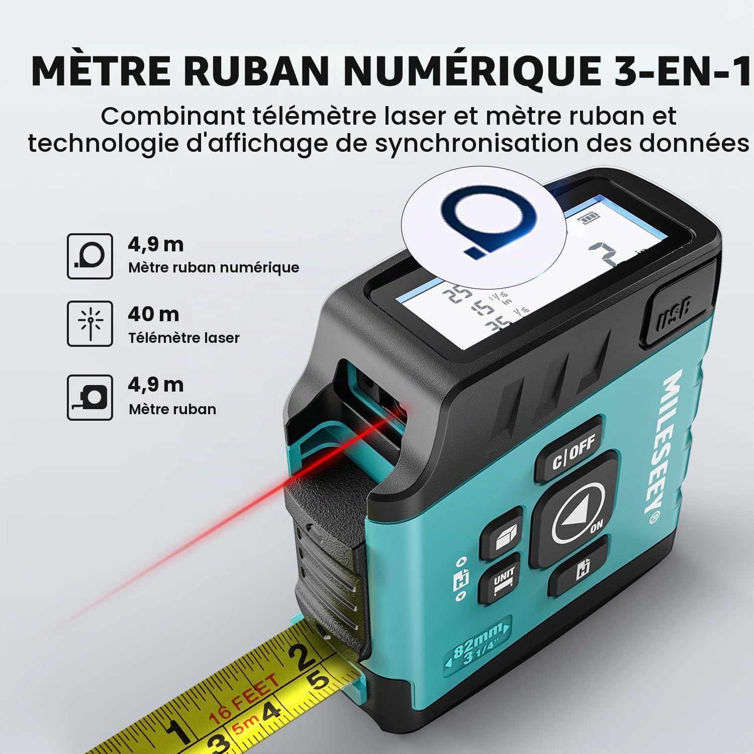 MiLESEEY DT20 Mètre à ruban laser 40 m avec mètre ruban numérique 5 m, mètre ruban standard, mesure du volume de zone en mode Pythagore, étanche et rechargeable