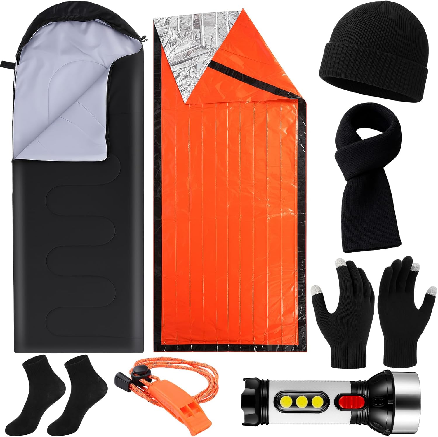 Chicingyou 8 Pcs Portable Emergency Thermal Blanket Camping Sleeping Bag Solar Rechargeable Flashlight Emergency Safety Whistle Gloves Scarf Socks Beanie Set for Camping Hiking Travel Hunting (Green)