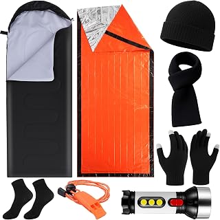 Chicingyou 8 Pcs Portable Emergency Thermal Blanket Camping Sleeping Bag Solar Rechargeable Flashlight Emergency Safety Whistle Gloves Scarf Socks Beanie Set for Camping Hiking Travel Hunting(Orange)