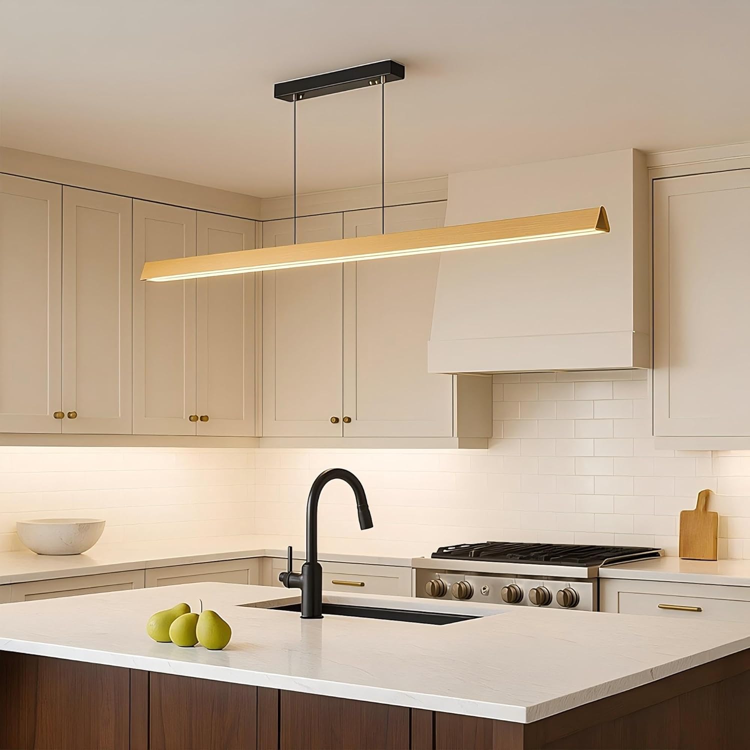47" Wood Linear Pendant Light Triangle, Modern Wabi-Sabi Chandelier with Handcrafted Walnut & Brass, 3 Color Temperatures (3000K-6000K), Hanging Light Fixture for Dining Room, Kitchen, Bedroom