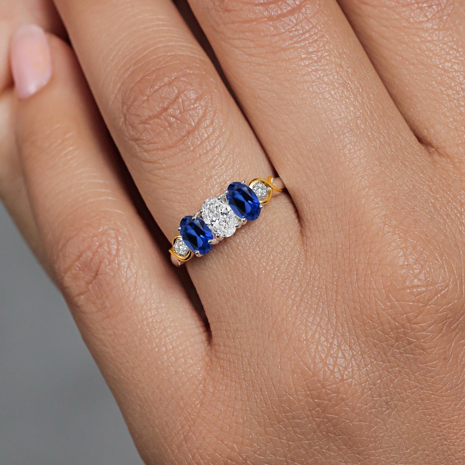 Gem Stone King 925 Silver and 10K Yellow Gold White Lab Grown Diamond and Gemstone Birthstone 3-Stone Engagement Ring for Women | Oval 6X4MM & Round 1.3MM | Two-Tone Wedding Anniversary Promise Ring |