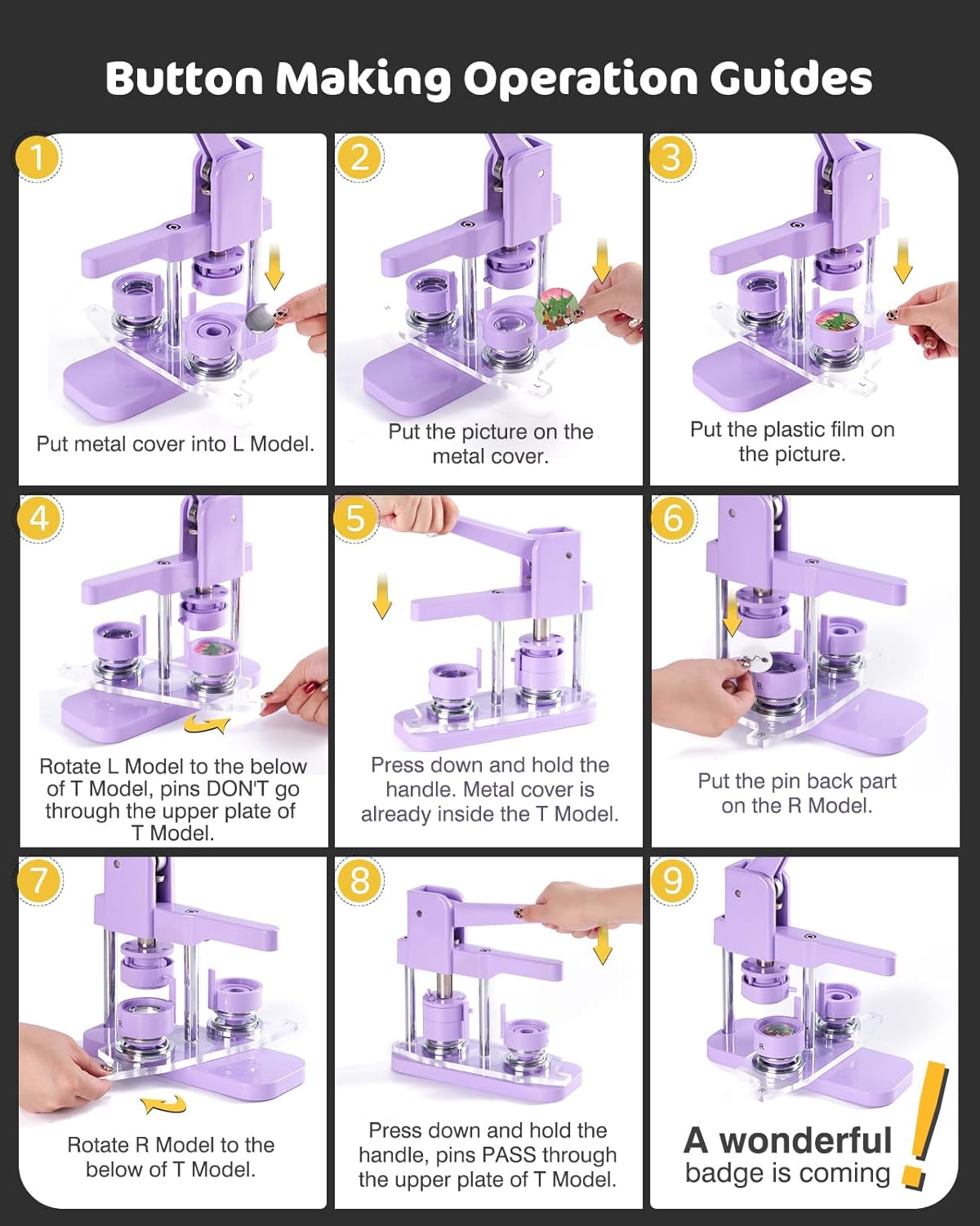 Button-Maker-Machine Kit 32mm /1.25 inch, Button Press Machine 32mm, Easy-to-use Rotate Models, Pin Maker Kit with 100 Sets Plastic Supplies, DIY Small Badges, Starting Creative Project