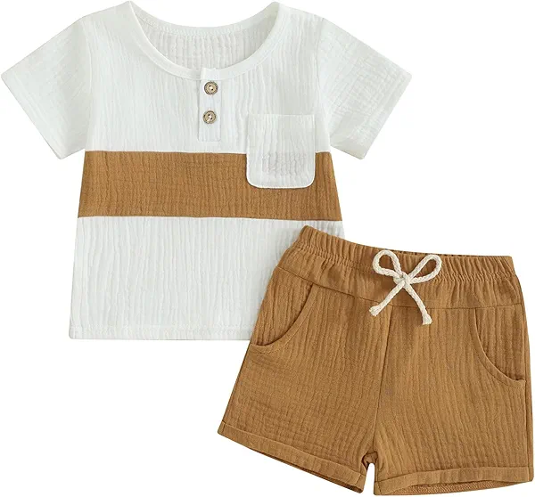 fhutpw Baby Boy Summer Outfits Henley Shirt Soft Pocket Short Sleeve Tops & Shorts Sets Infant 3 6 12 18 Months 2T Clothes