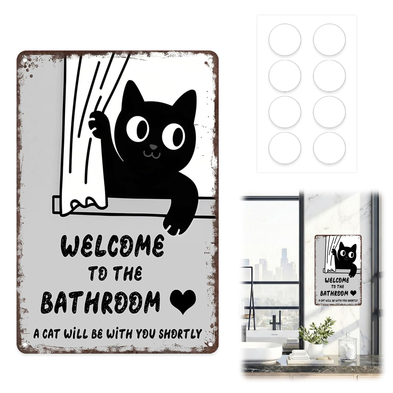 Gmbank Retro Color Vintage Black & White Cat Metal Signs - "Welcome To The Bathroom A Cat Will Be With You Shortly", Funny Bathroom Signs For Home Restroom Washroom Toilet 8X12 Inch