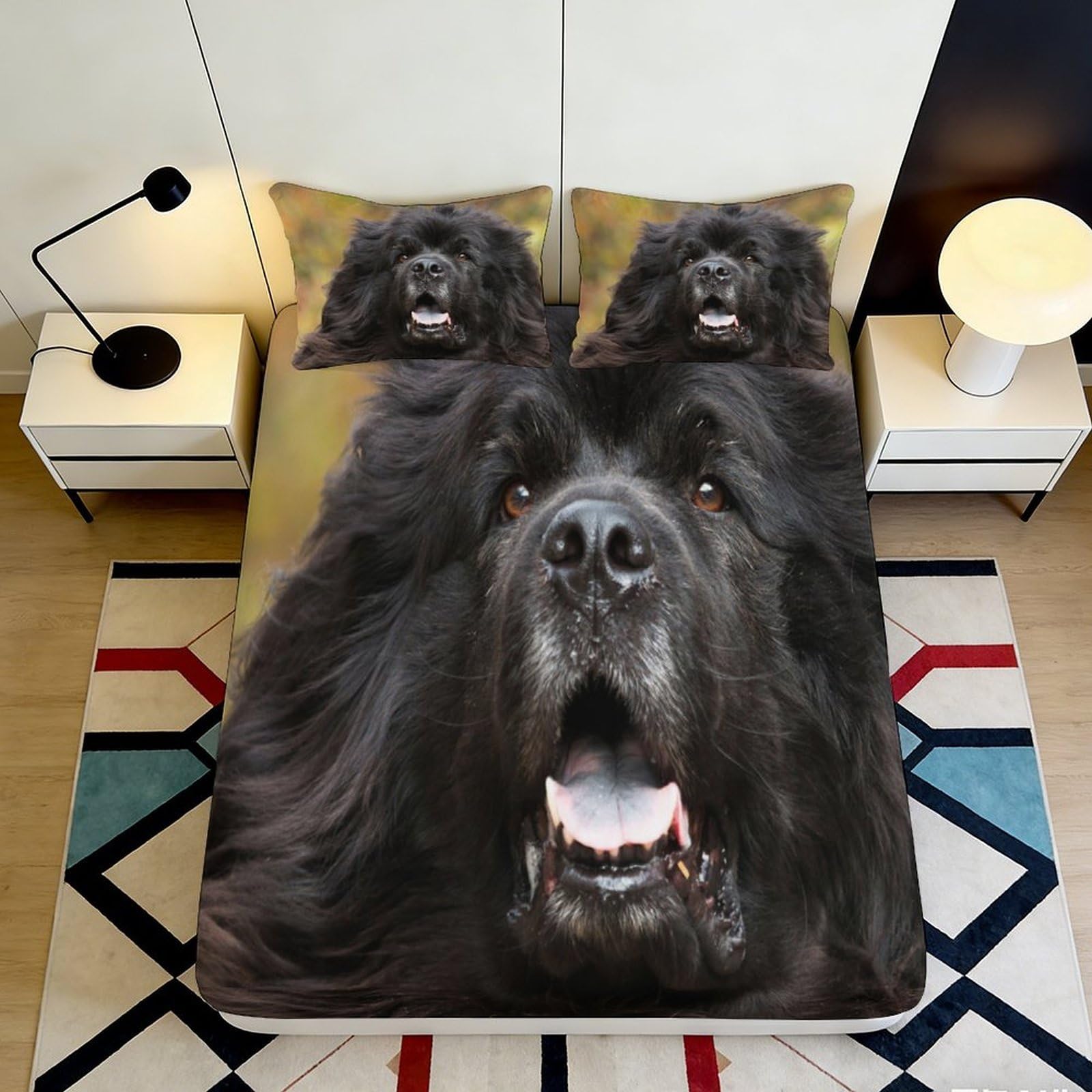 3D Printed Black Newfoundland Dog Fitted Sheet Microfiber Soft Durable Black Dog Bed Cover for Bedroom Dormitory Guest Room Mattress Protection Decor 90x200x25cm