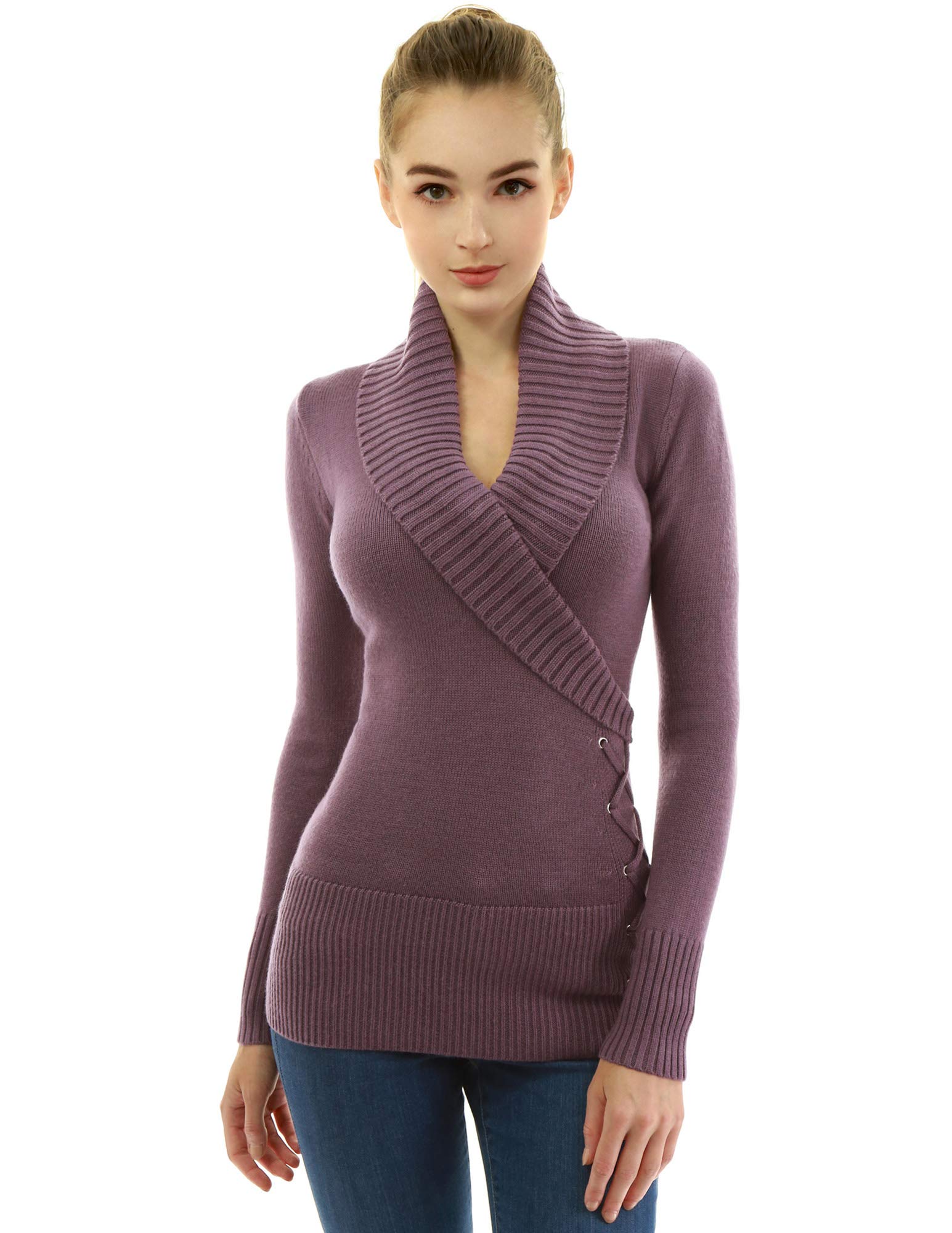 AmélieBoutik Women Shawl Collar Faux Wrap Lace Up Jumper - Purple - Medium