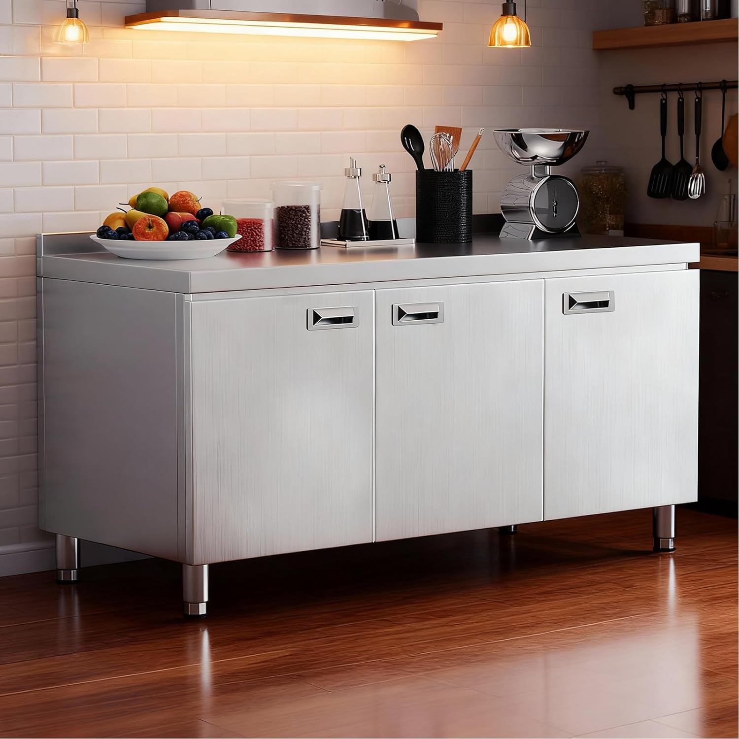 KINGBO 55" Stainless Steel Table Cabinet Heavy Duty Prep Table with 304 Stainless Steel Worktop Commercial Worktable Workbench with Storage Cabinet for Kitchen Garage Restaurant Outdoor
