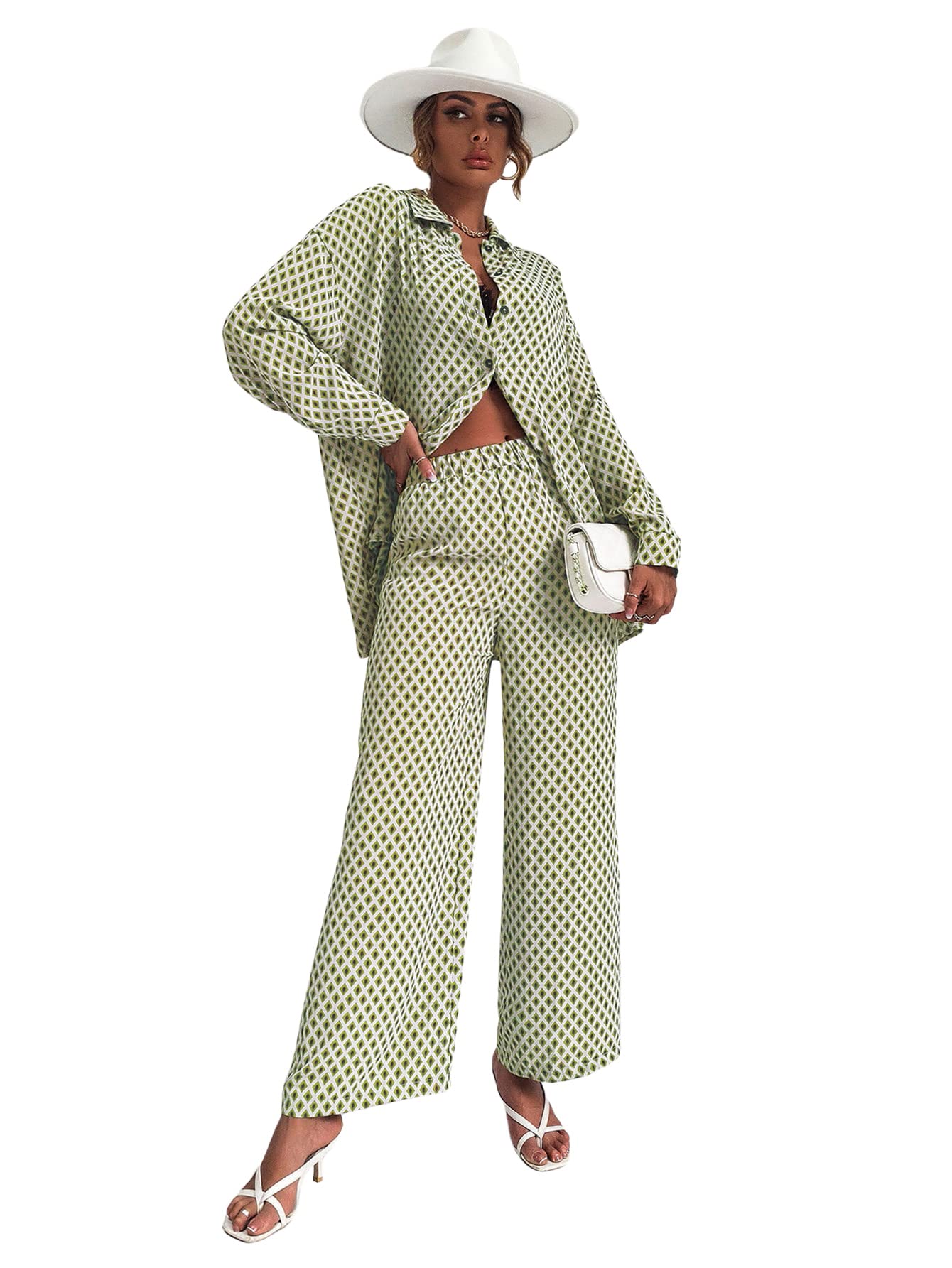 FloernsWomen's 2 Piece Outfits Slit Hem Longline Blouse and Wide Leg Pants Set