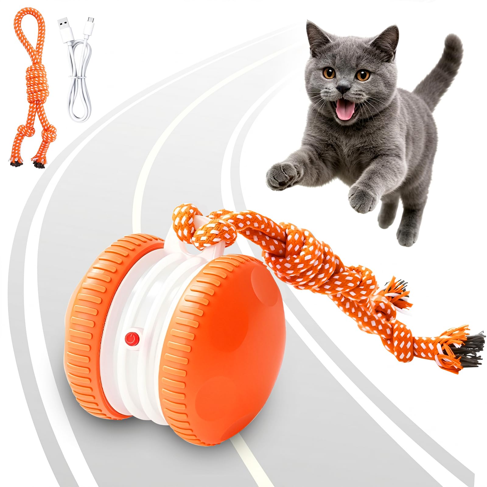 HESUSLA Interactive Pet Toy, Automatic Electric Rolling Ball with Rope, Motion Activated, Random Movement, Rechargeable, Boredom Relief Toy for Cats & Dogs, Orange